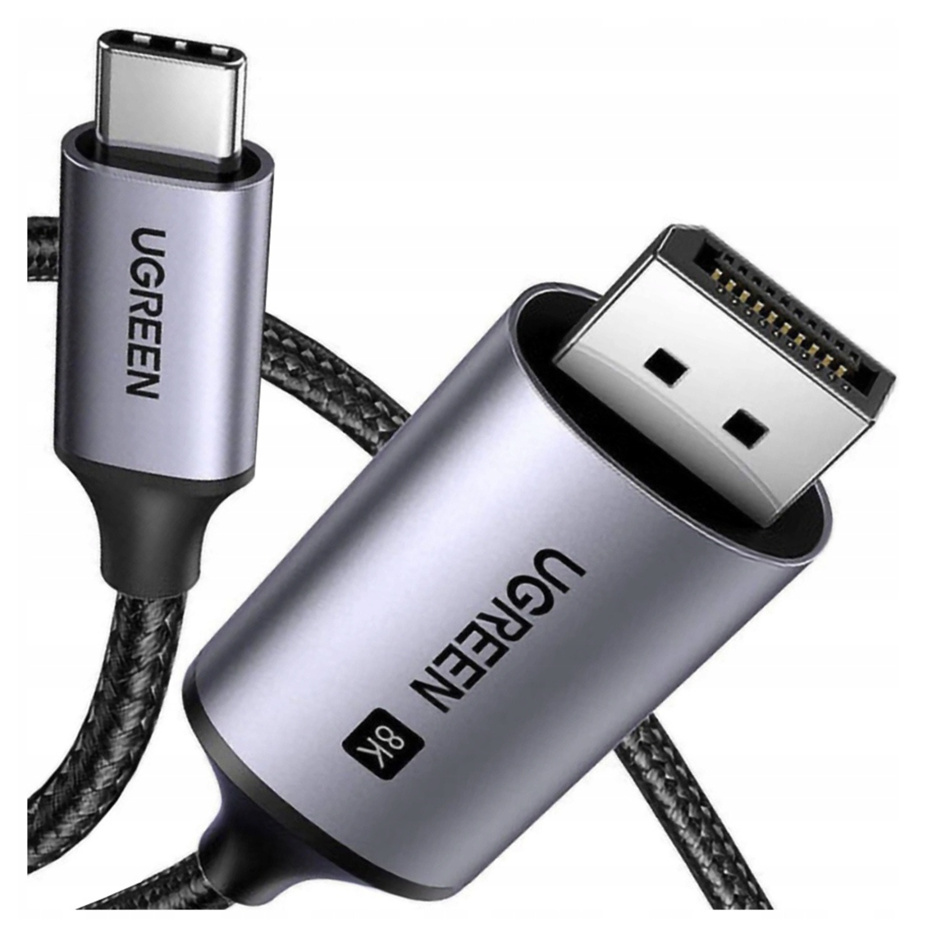 Srebrny kabel UGREEN z wtyczką USB-C i DisplayPort. Kabel jest czarny i pleciony. Tło jest białe.