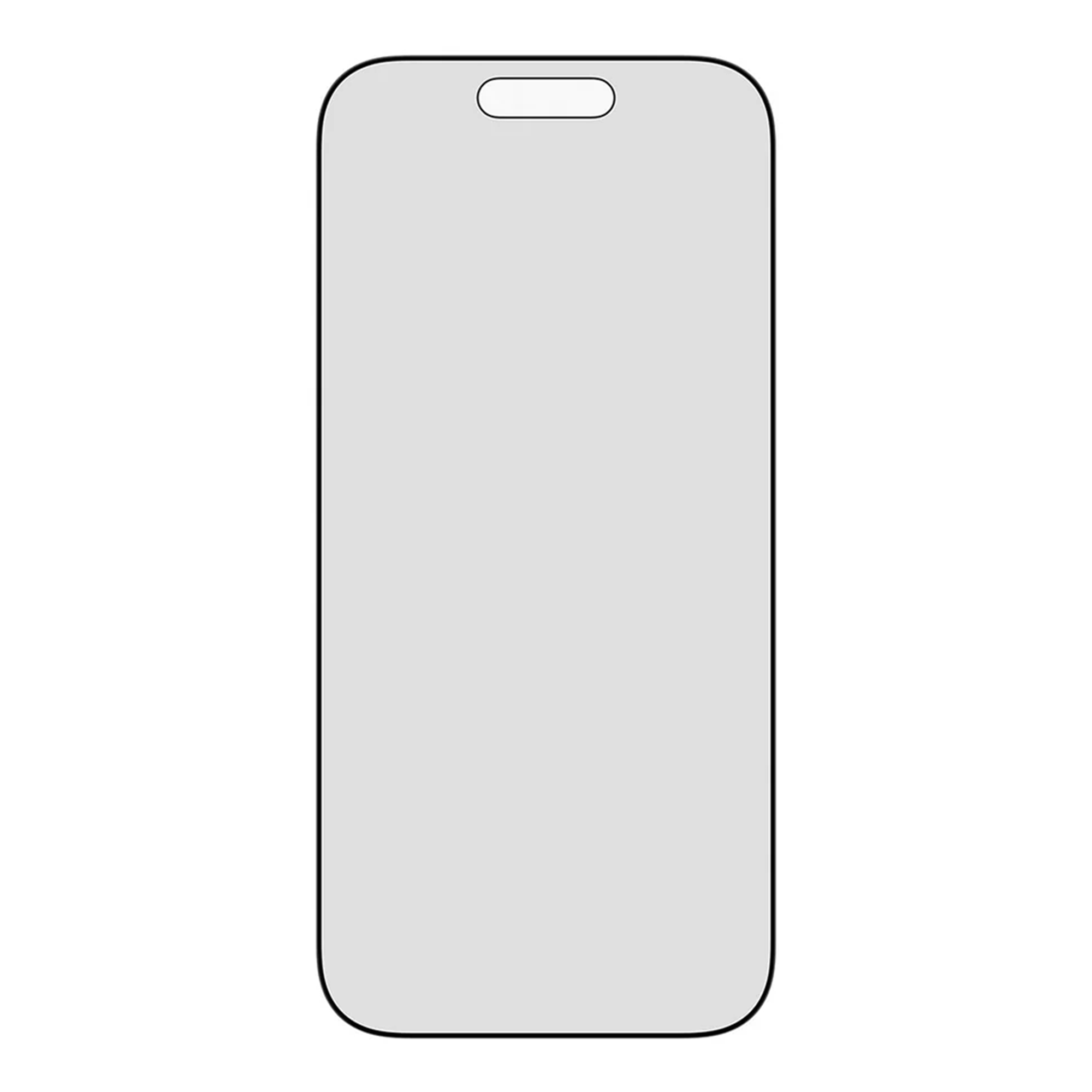 Bir telefon ekran koruyucusu. Yuvarlak köşeli dikdörtgendir. Üstte bir çentik vardır. Arka plan beyazdır.