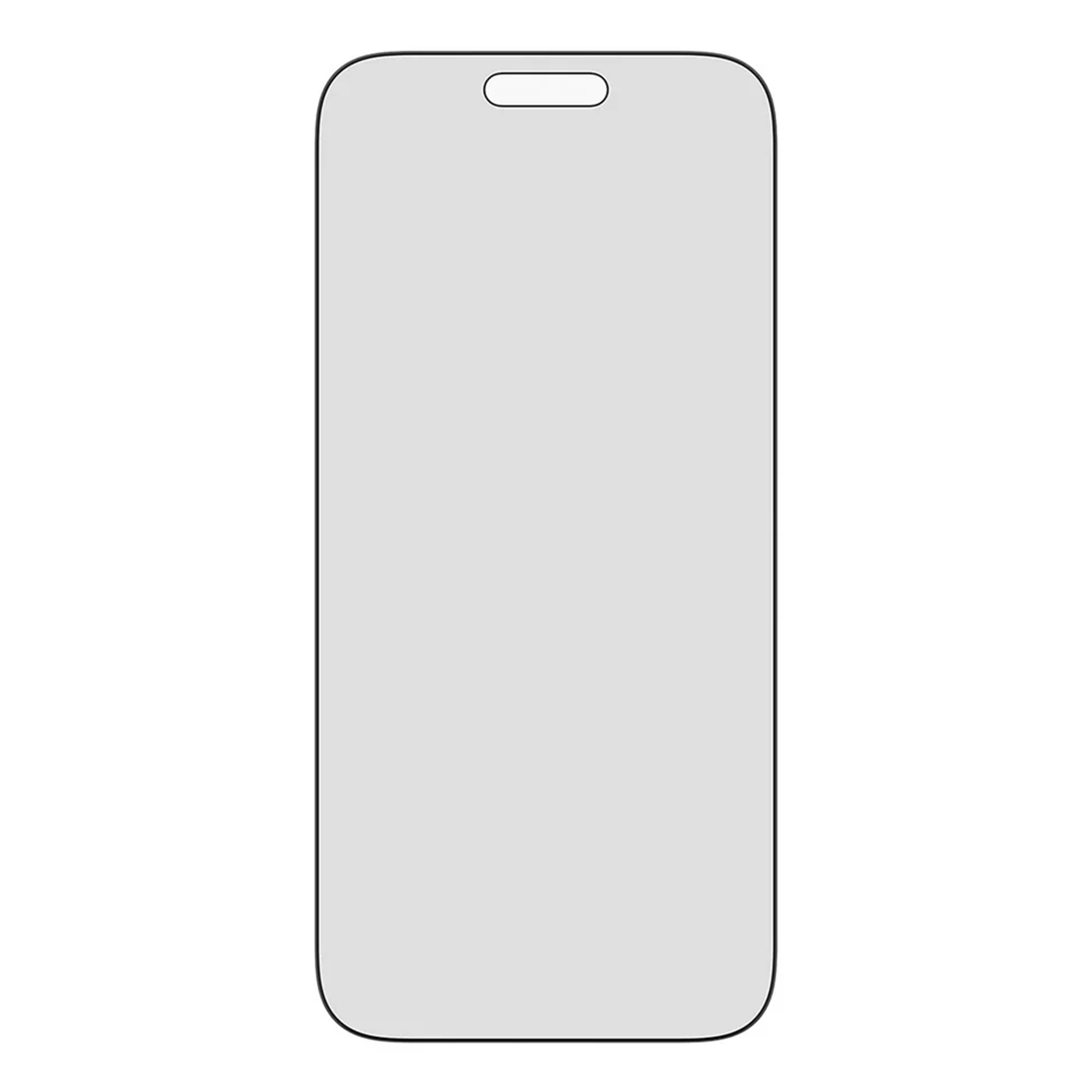 A phone screen protector, light gray, black outline, rectangular shape with rounded corners. A speaker cutout is at the top.
