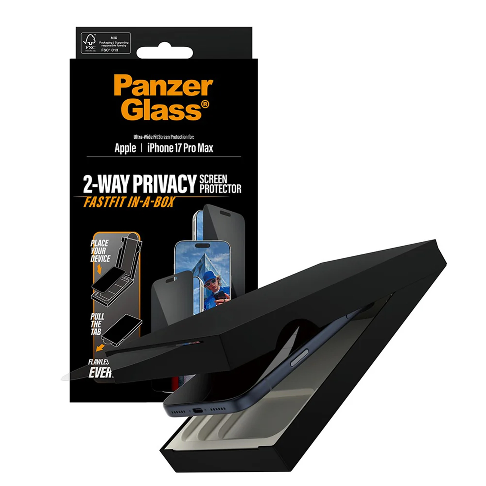 Una scatola di protezione dello schermo del telefono è aperta, mostrando un telefono. La scatola è nera con testo bianco. Dice Panzer Glass.