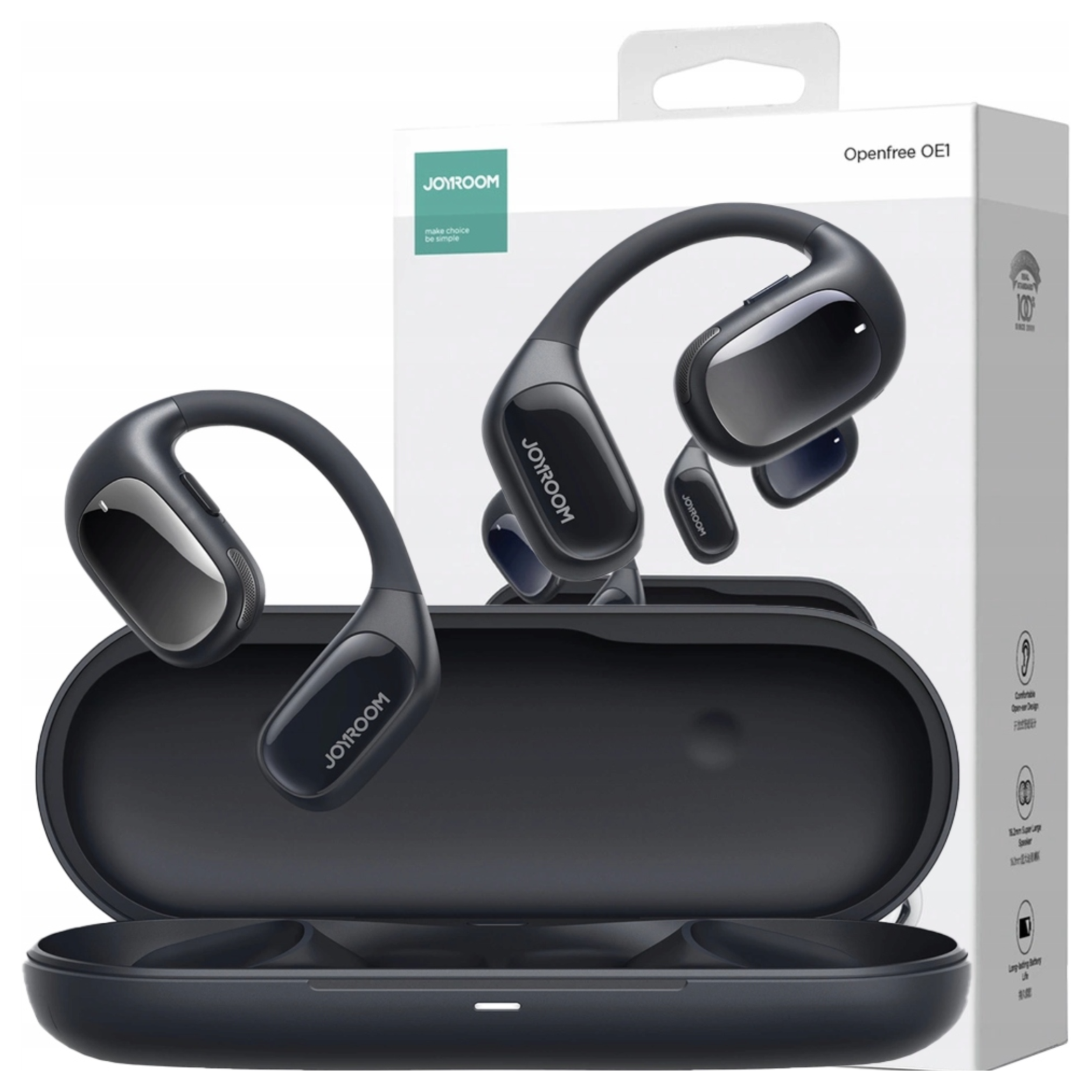Schwarze Joyroom Openfree OE1 Kopfhörer mit Etui. Die Box ist weiß mit Text. Kopfhörer sind Over-Ear-Style.