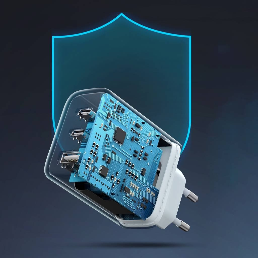 Biała ładowarka z widocznym układem obwodów, portami USB i niebieską ikoną tarczy na ciemnoniebieskim tle.