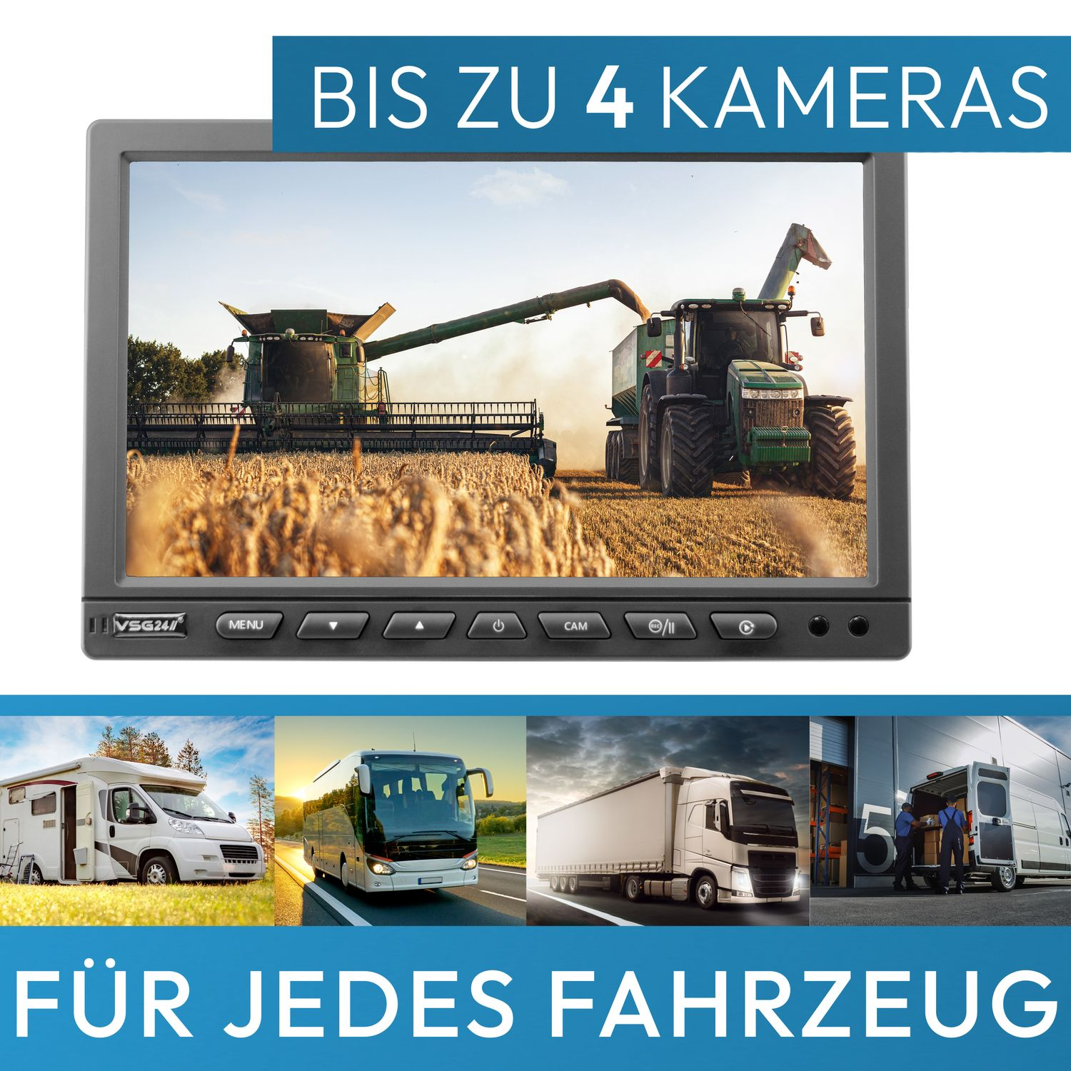 Ein Bildschirm zeigt einen Mähdrescher und einen Traktor auf einem Feld. Darunter sind Bilder eines Wohnmobils, Busses, LKW und Transporters.