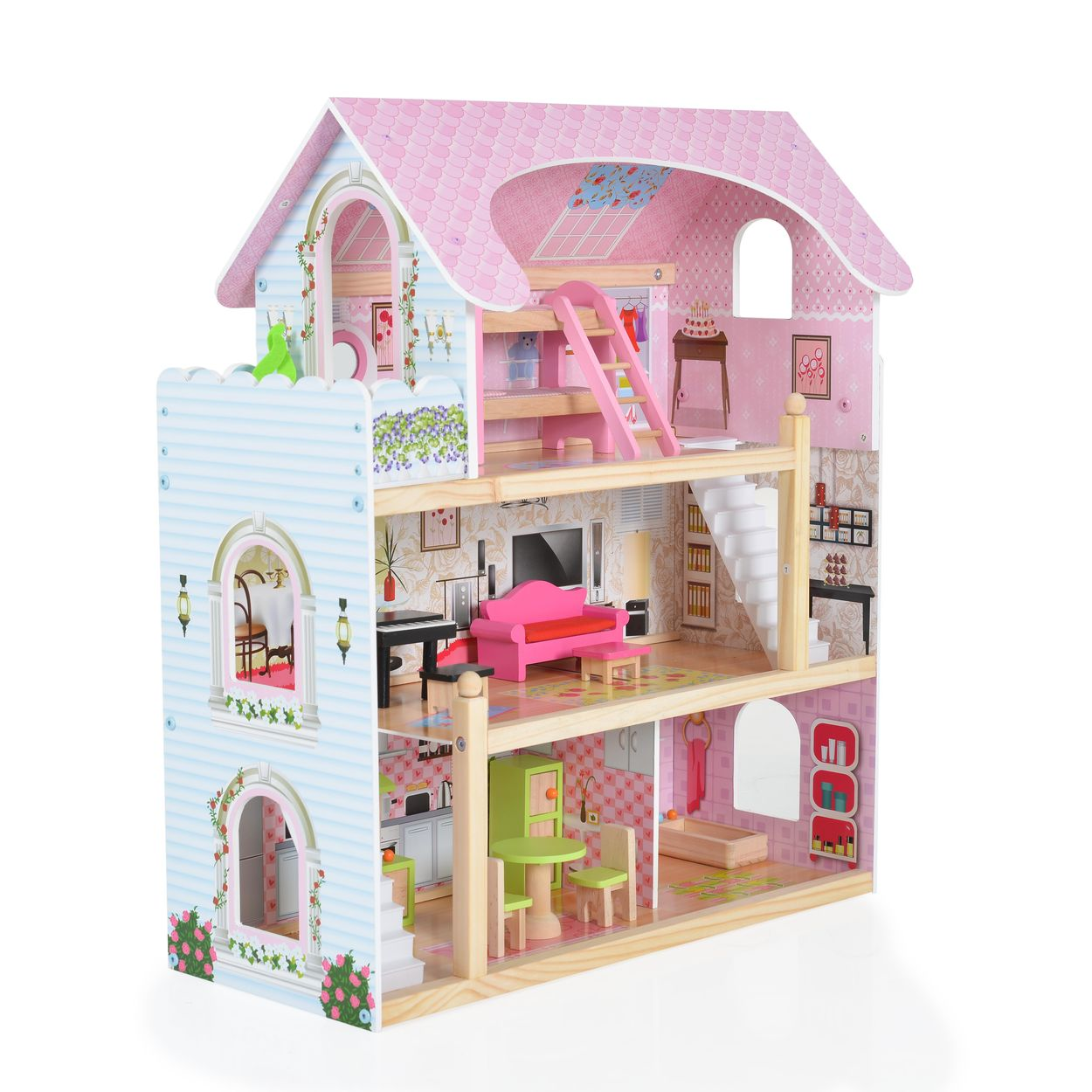 Ein mehrstöckiges Puppenhaus mit rosa Dach und blauen Wänden. Merkmale sind Möbel, Treppen und verschiedene Zimmer. Verziert mit floralen Akzenten.