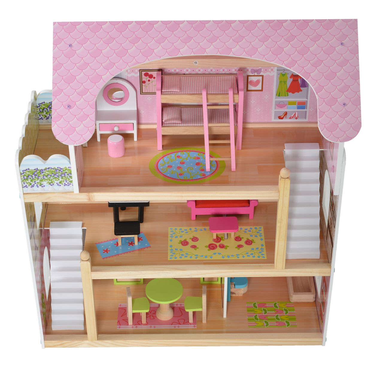 Ein mehrstöckiges Puppenhaus mit rosa Dach, Etagenbetten, Möbeln und dekorativen Teppichen. Holzkonstruktion mit offenen Seiten.