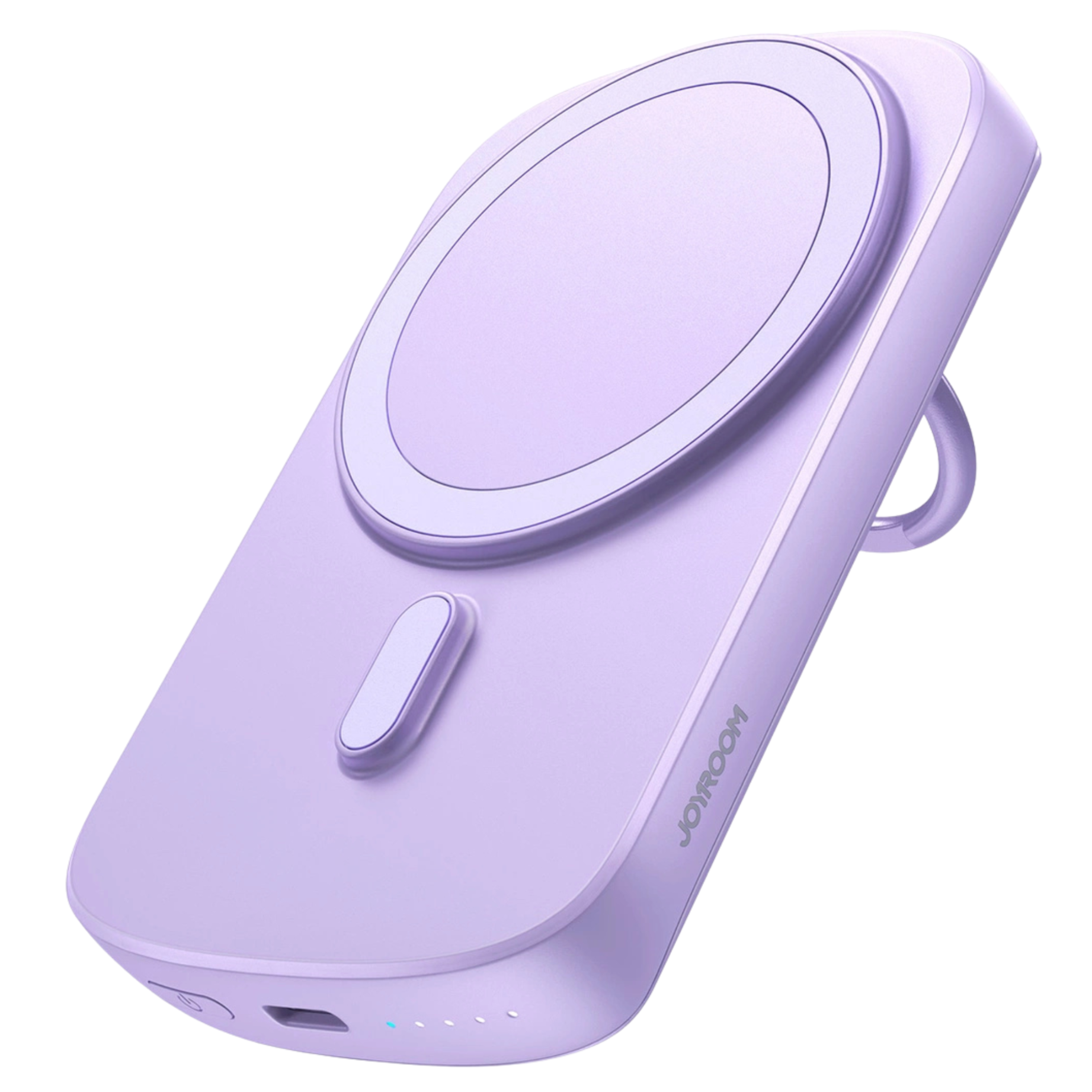 Lawendowa ładowarka bezprzewodowa z białym, okrągłym obszarem ładowania. Posiada uchwyt na pierścień i markę 'JOYROOM'.