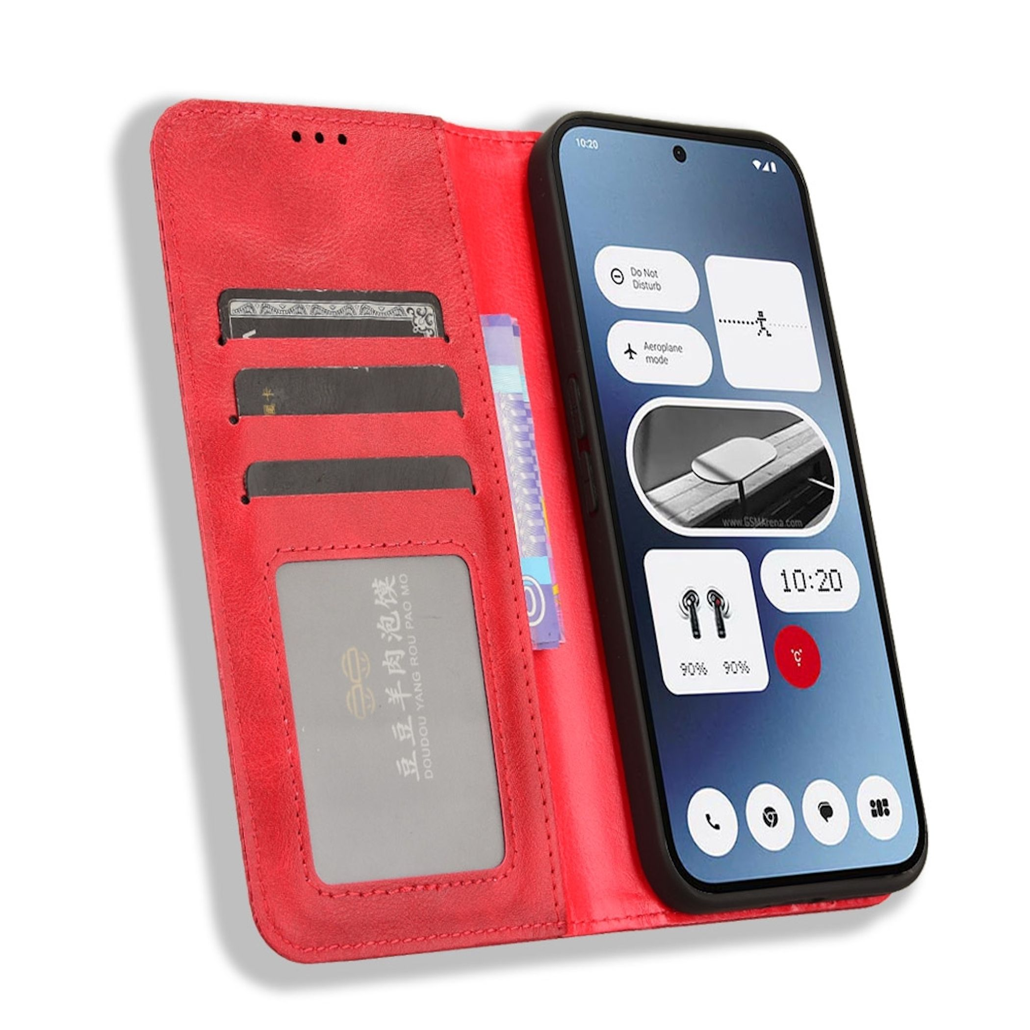 Eine rote Handyhülle mit Smartphone, das Zeit und App-Symbole zeigt. Die Hülle hat Kartenfächer und ein klares ID-Fenster.