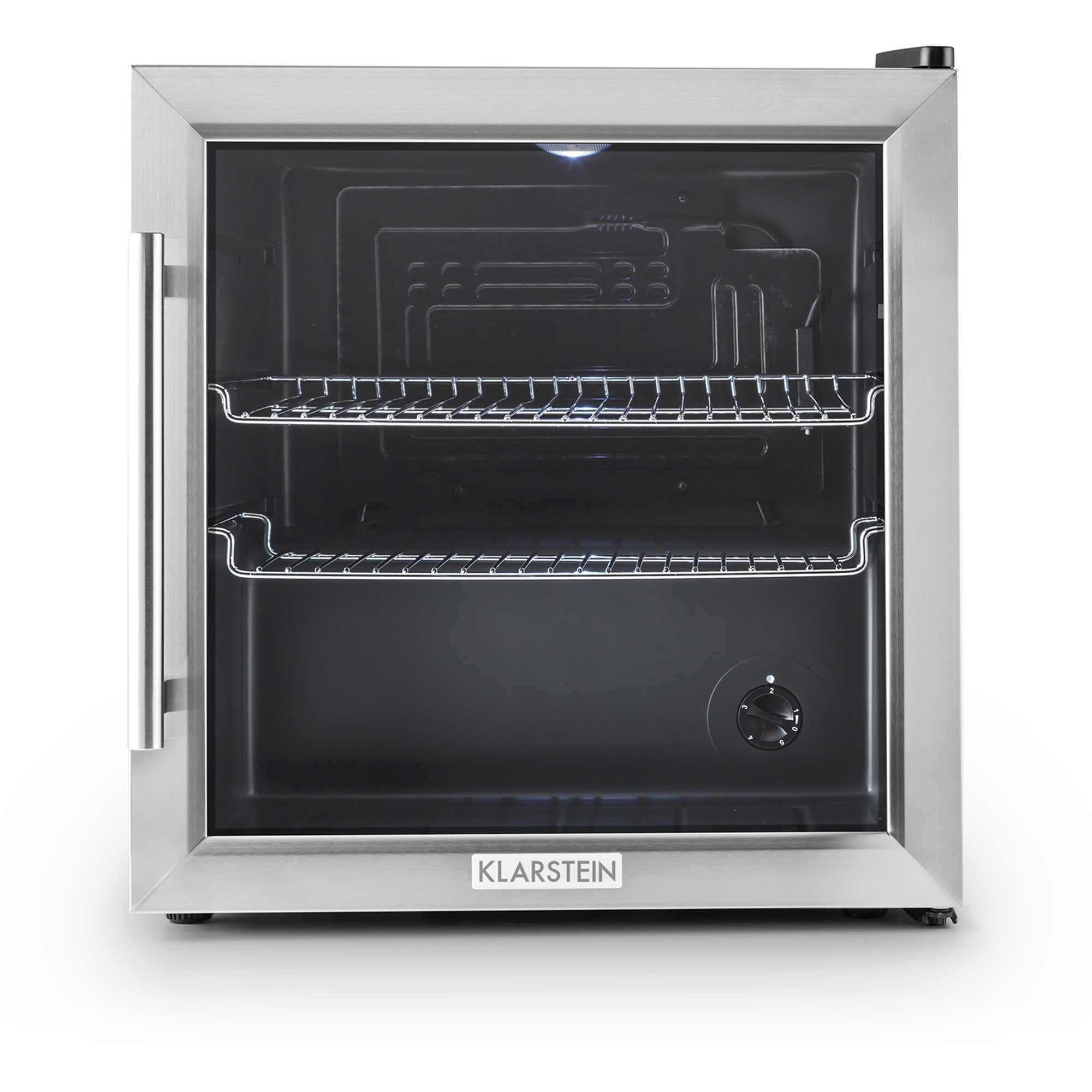 Ein Mini-Kühlschrank von Klarstein aus Edelstahl mit Glastür, Metallregalen und einem Temperaturregler.