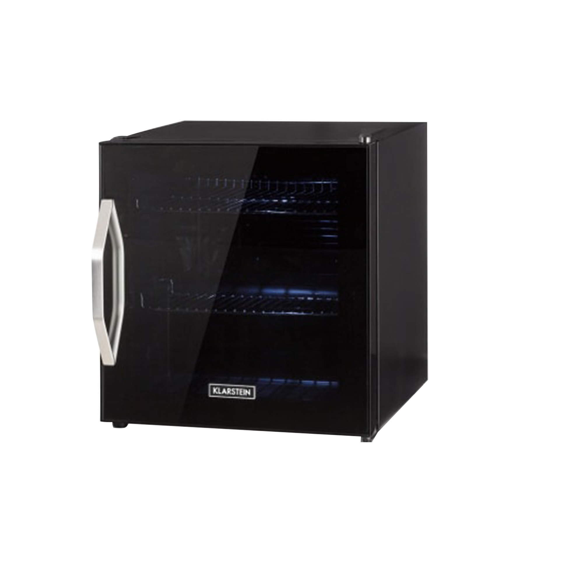 Un mini-refrigerador Klarstein negro con puerta de vidrio y asa plateada. Se ven estantes adentro. El fondo es blanco.