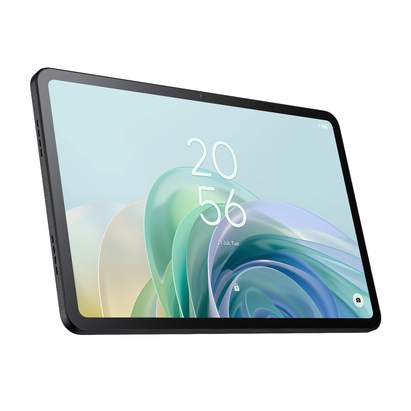 Siyah çerçeveli tablet. Ekran, dalgalı, renkli bir arka plan üzerinde 20:56 saatini gösteriyor.