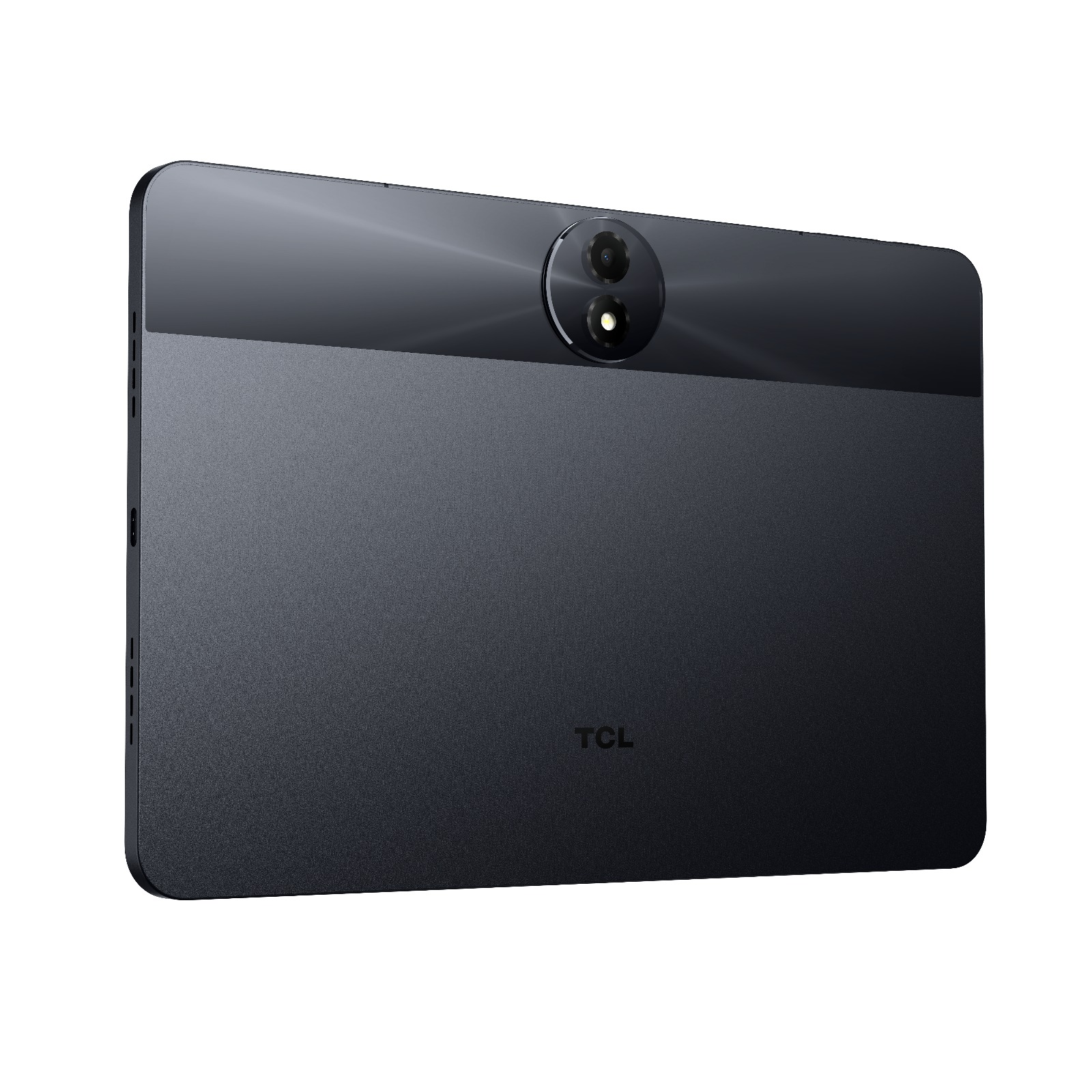 Koyu gri TCL tablet, arka görünüm. Çift kamerası, TCL logosu ve dokulu bir yüzeyi var.