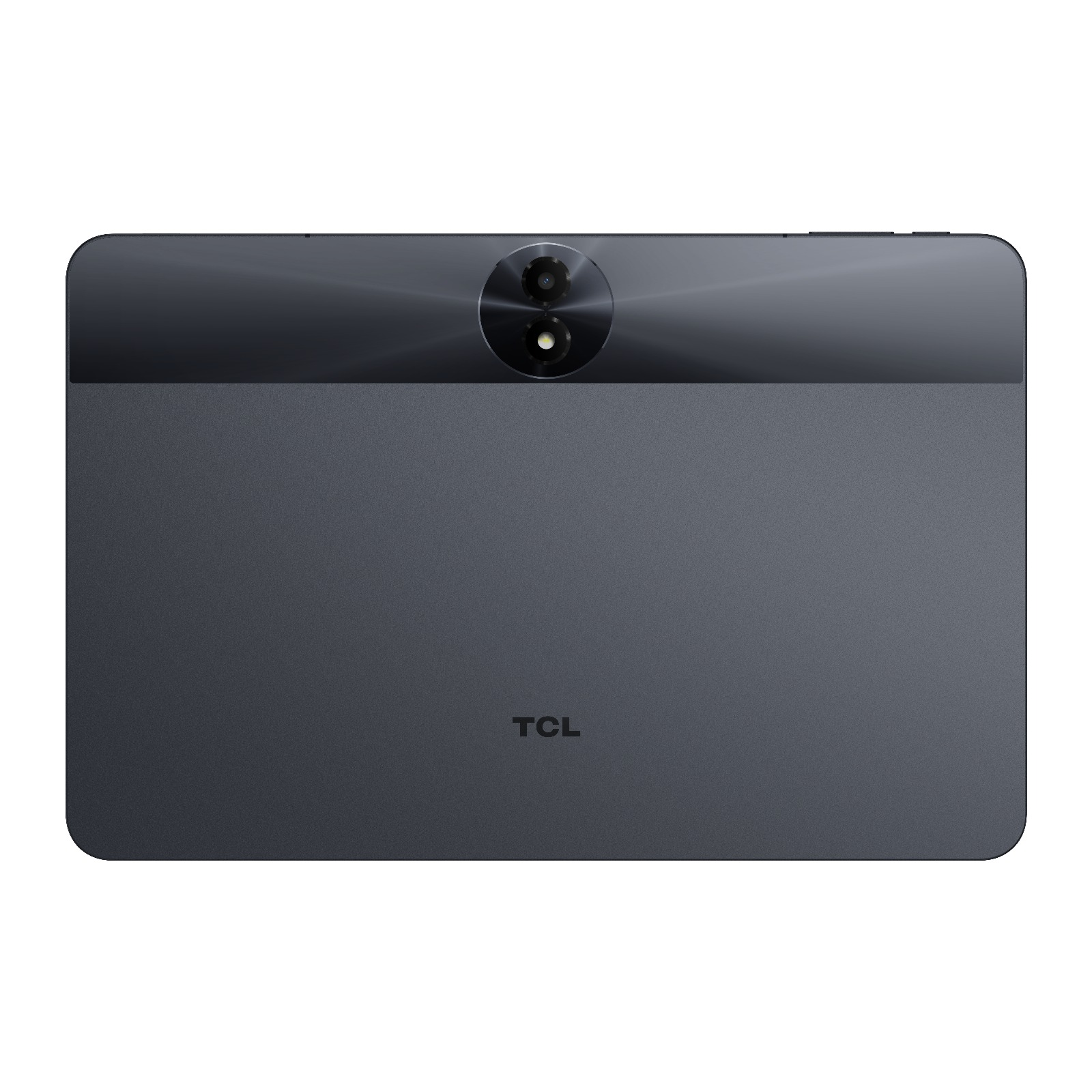 Koyu gri bir tabletin arka görünümü. Üst kısım parlak, çift kameralı. TCL logosu altta.
