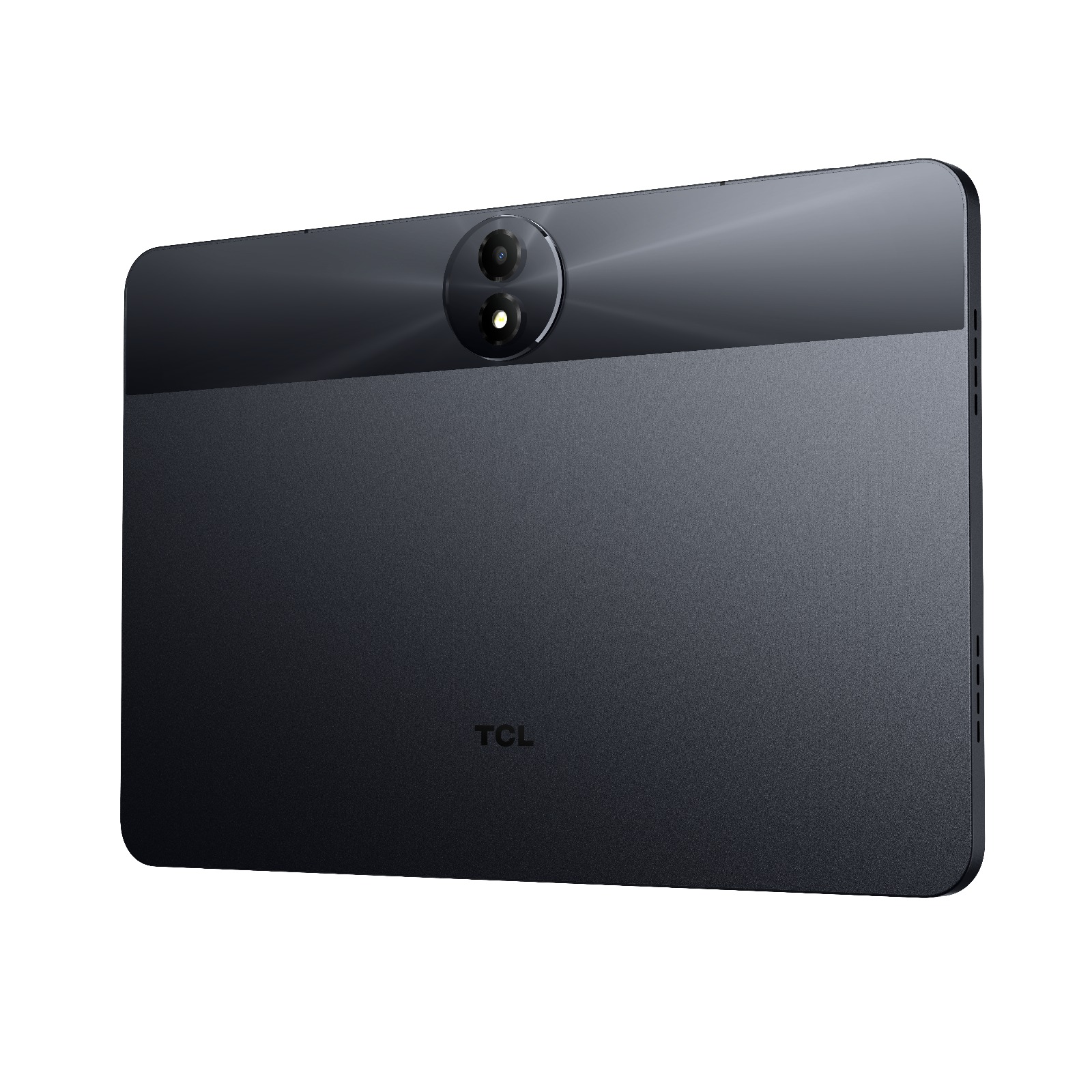 Koyu gri bir TCL tabletin arka görünümü. Çift kameralı bir sisteme ve TCL logosuna sahip.
