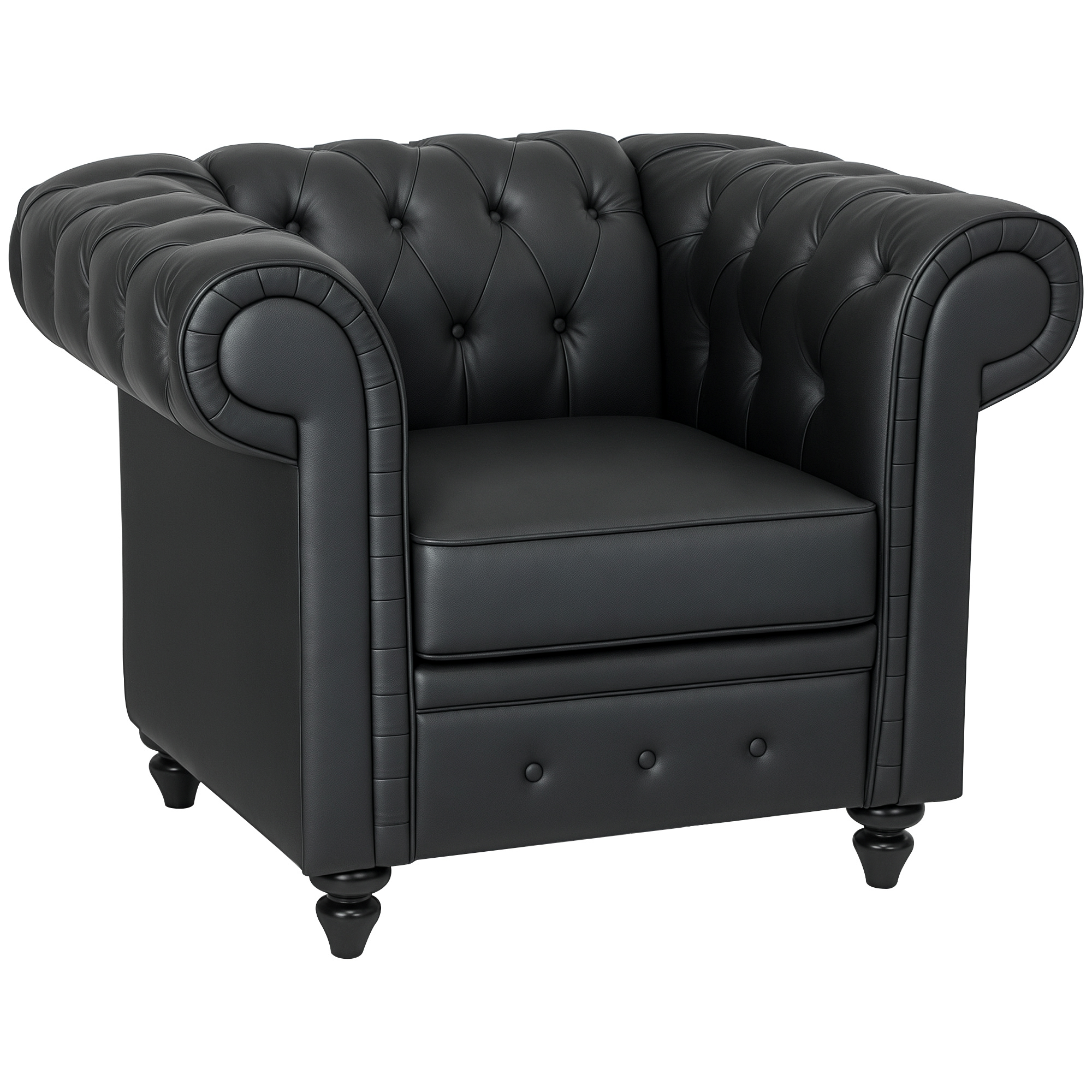 Una poltrona Chesterfield in pelle nera con schienale e braccioli trapuntati, su gambe in legno scuro, isolata su bianco.