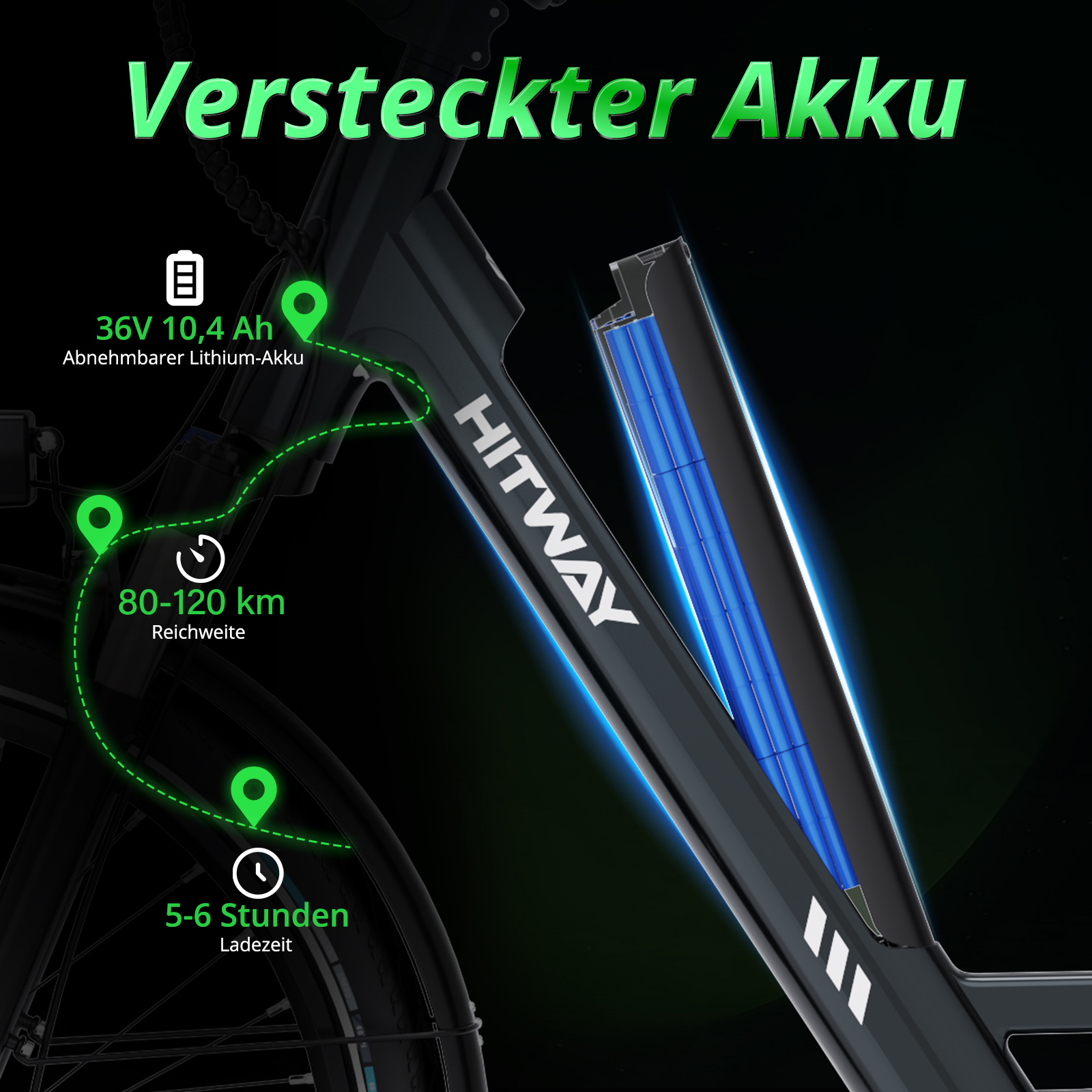 E-Bike-Rahmen mit hervorgehobenen Akku-Spezifikationen: 36V 10,4 Ah, 80-120 km Reichweite und 5-6 Stunden Ladezeit.