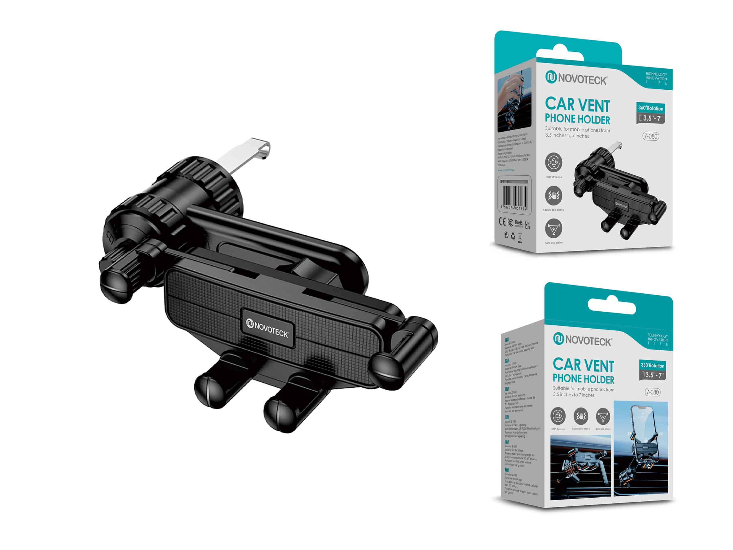 Soporte para teléfono de ventilación de coche negro con cajas de productos. Las cajas muestran el uso.