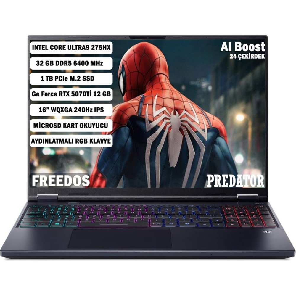 ACER Predator PHN16-73 RTX5070Ti- 12GB WQXGA IPS NH.QX4EY.002 İntel Core Ultra9 275HX 32 GB RAM 1 TB SSD 16 inç FreeDOS Laptop Siyah