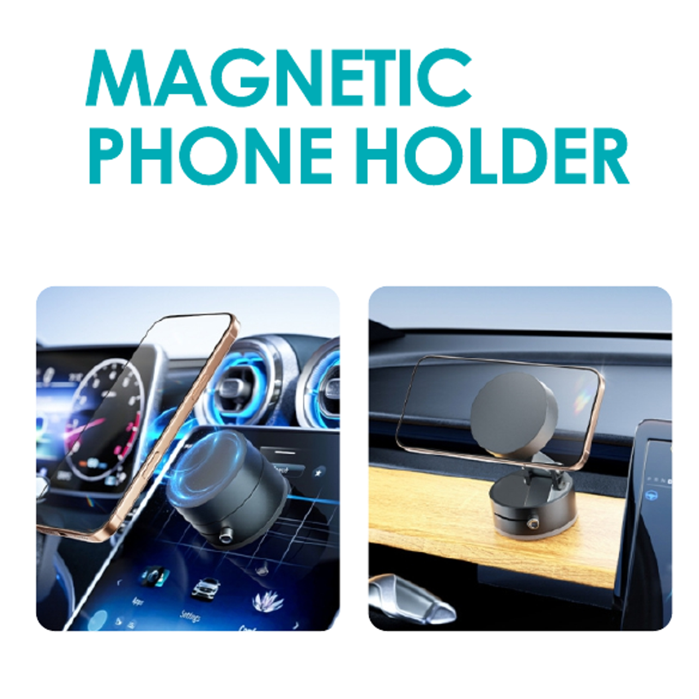 La imagen muestra dos interiores de automóviles con soportes magnéticos para teléfonos. Los teléfonos están sujetos a los soportes, montados en los tableros.