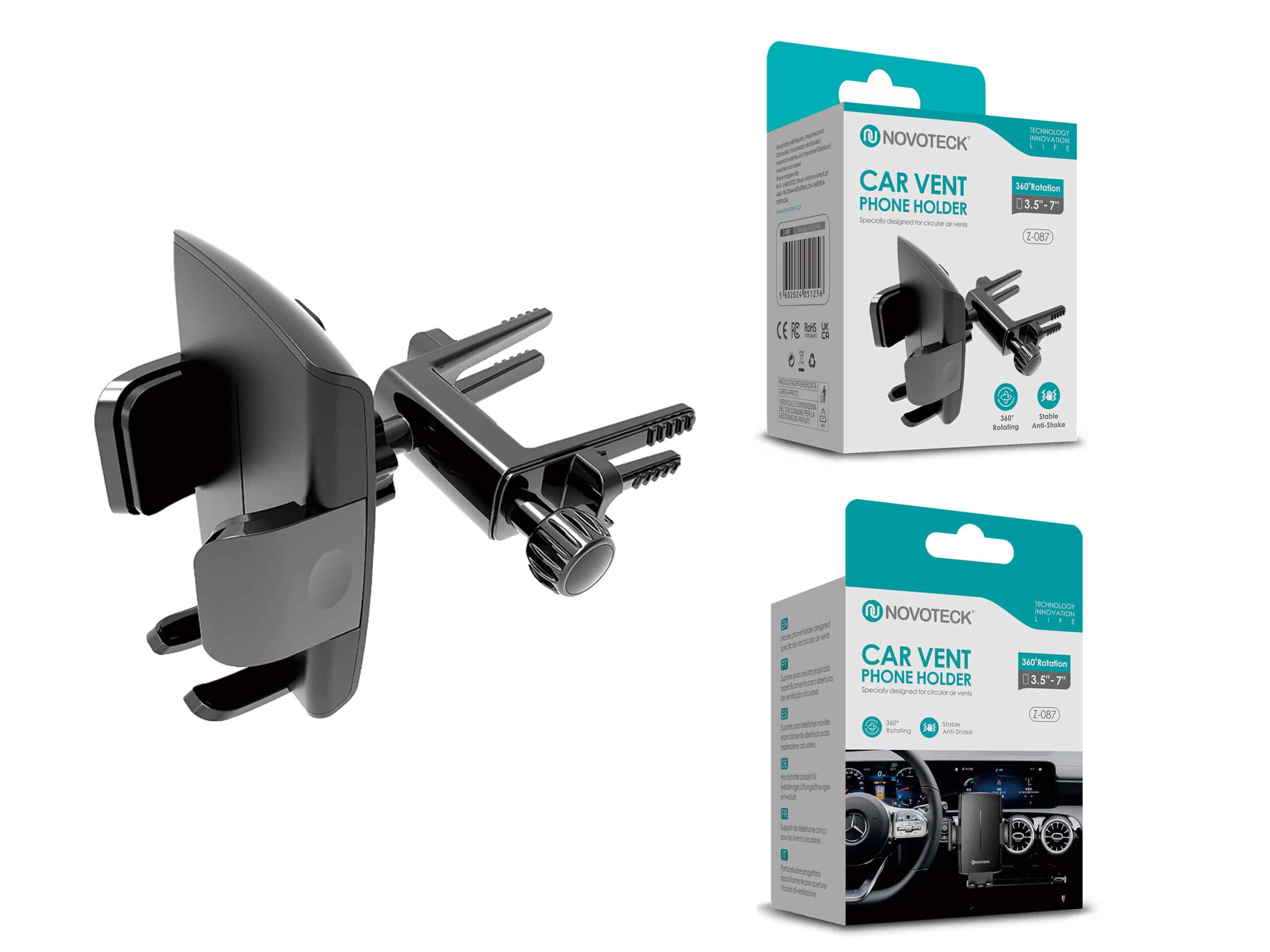Soporte negro para teléfono de ventilación y dos cajas con información del producto.