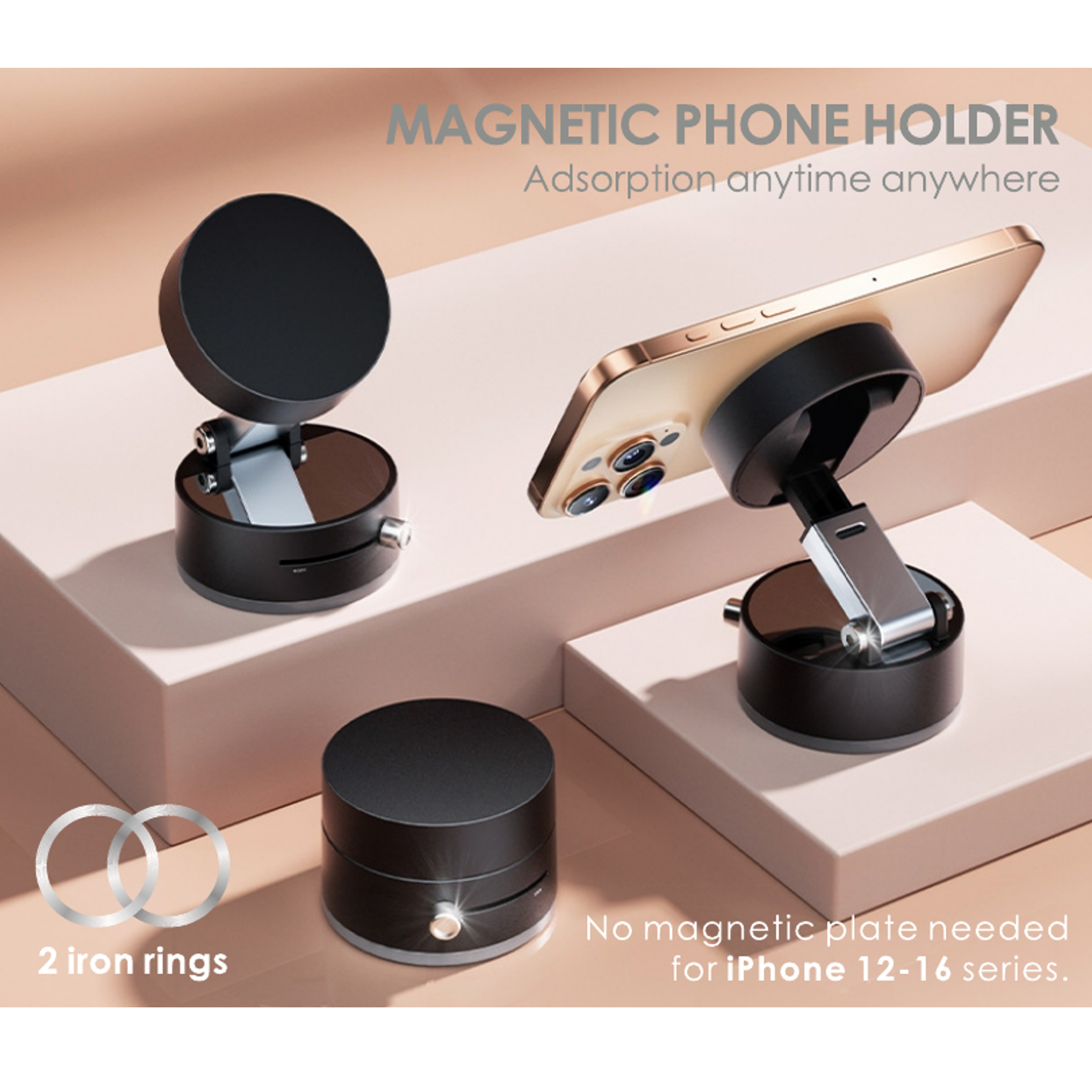 Un teléfono es sostenido por un soporte magnético negro. Dos anillos de hierro están a la izquierda. Texto: Soporte magnético para teléfono.