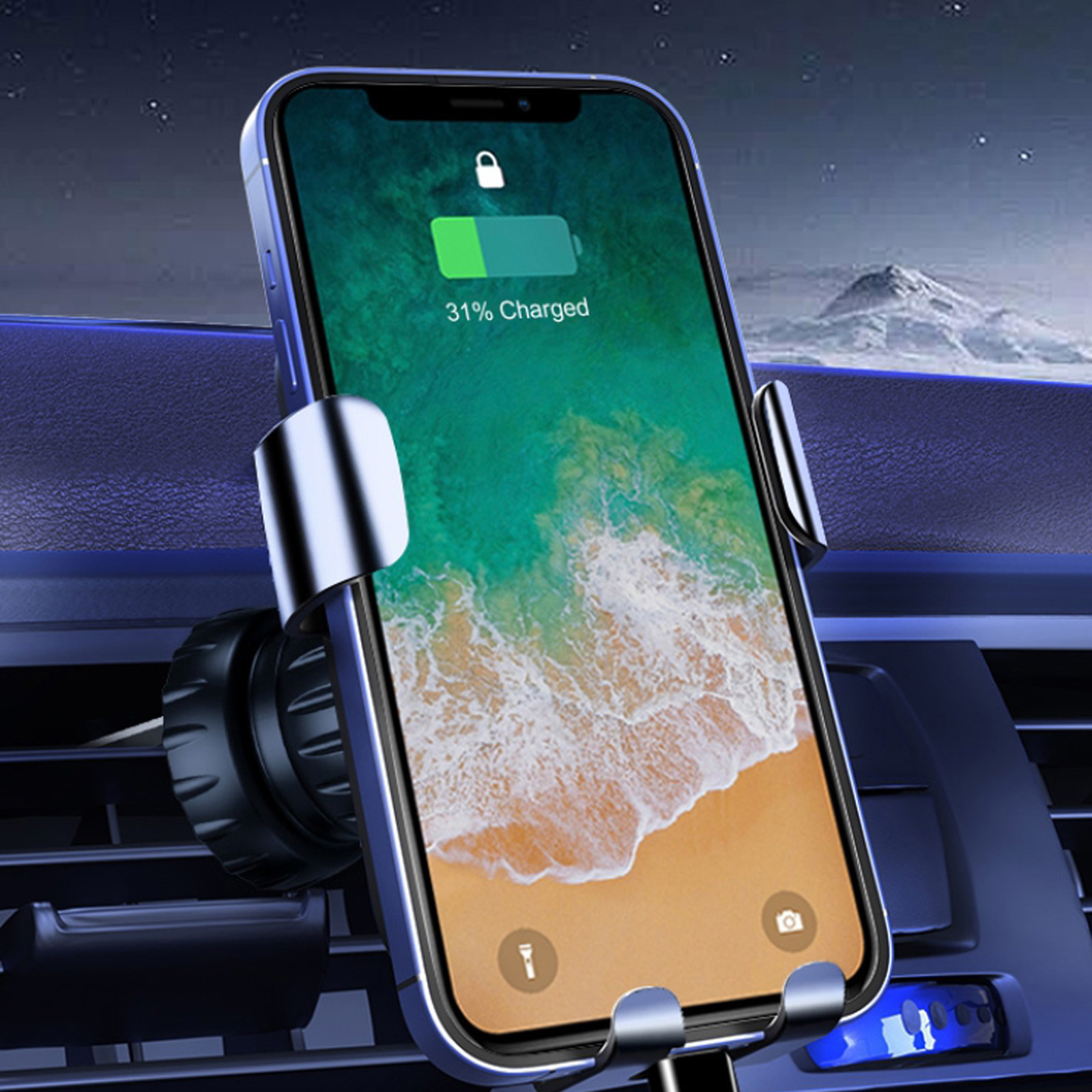 Un teléfono montado en una rejilla de ventilación. La pantalla muestra el estado de carga. El fondo es una noche estrellada.
