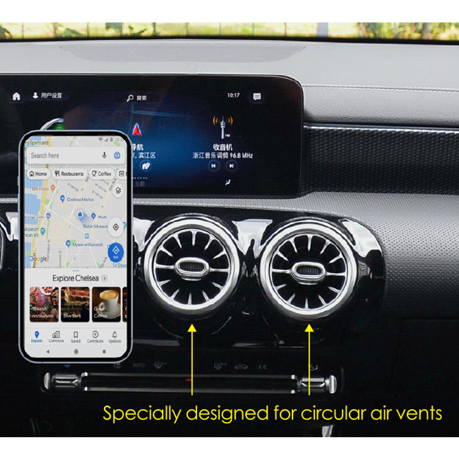 Interior del coche con pantalla, teléfono con mapa, rejillas de ventilación. Texto: Diseñado para rejillas de ventilación circulares.
