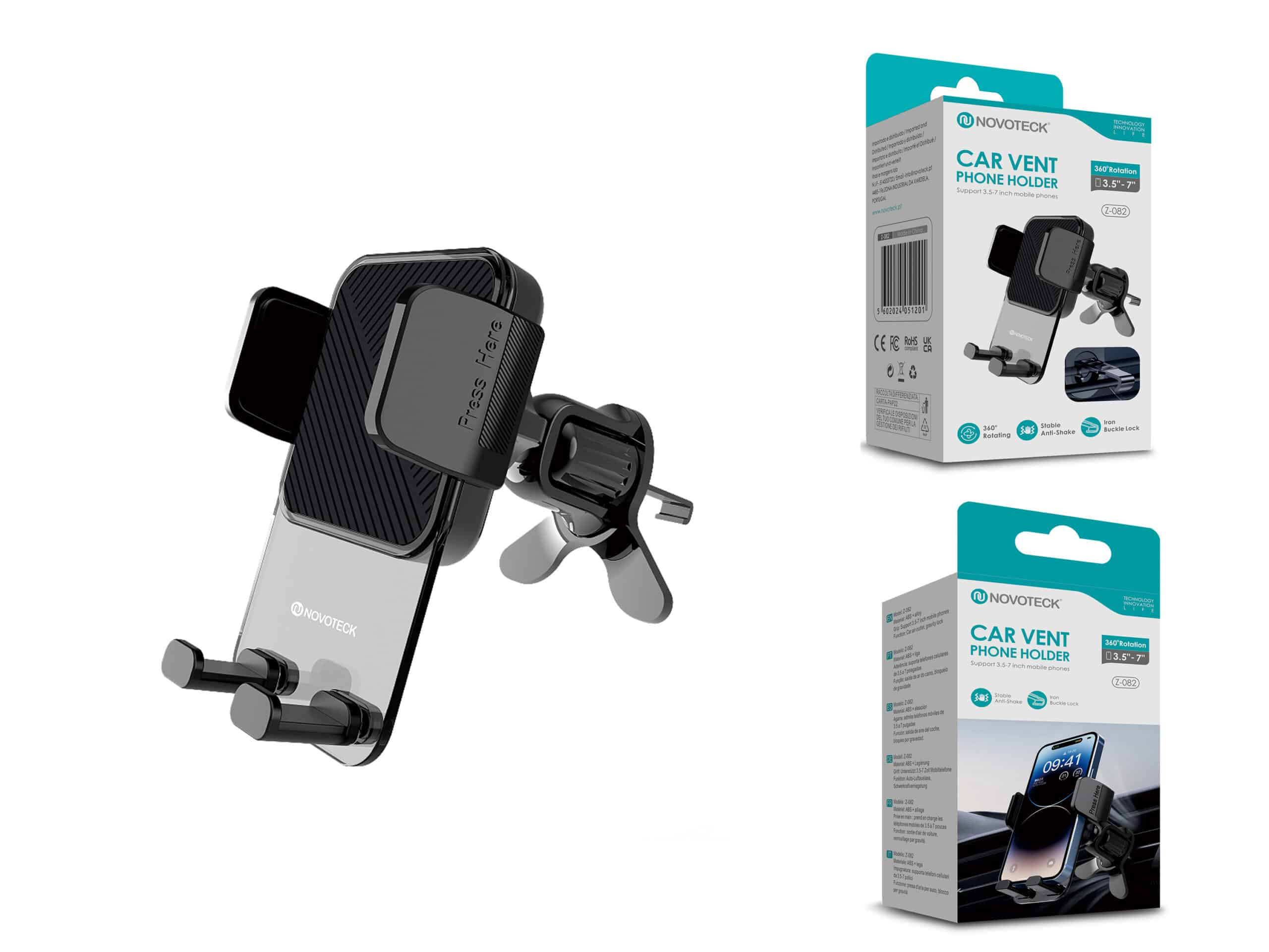 Soporte para teléfono de ventilación de coche con teléfono dentro de la caja. Dispositivo de plástico negro y gris.
