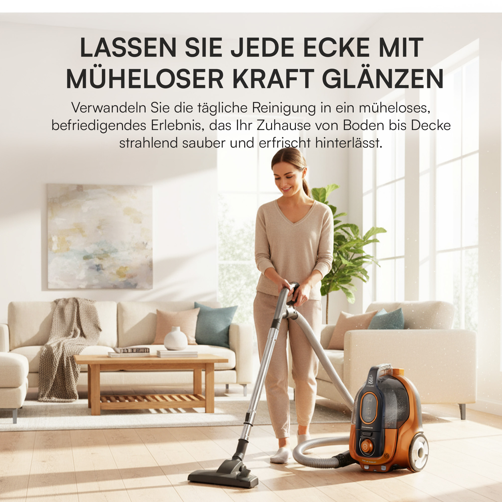 Eine Frau saugt einen Raum. Ein Staubsauger steht auf dem Boden. Im Hintergrund befinden sich ein Sofa, Fenster und Text.