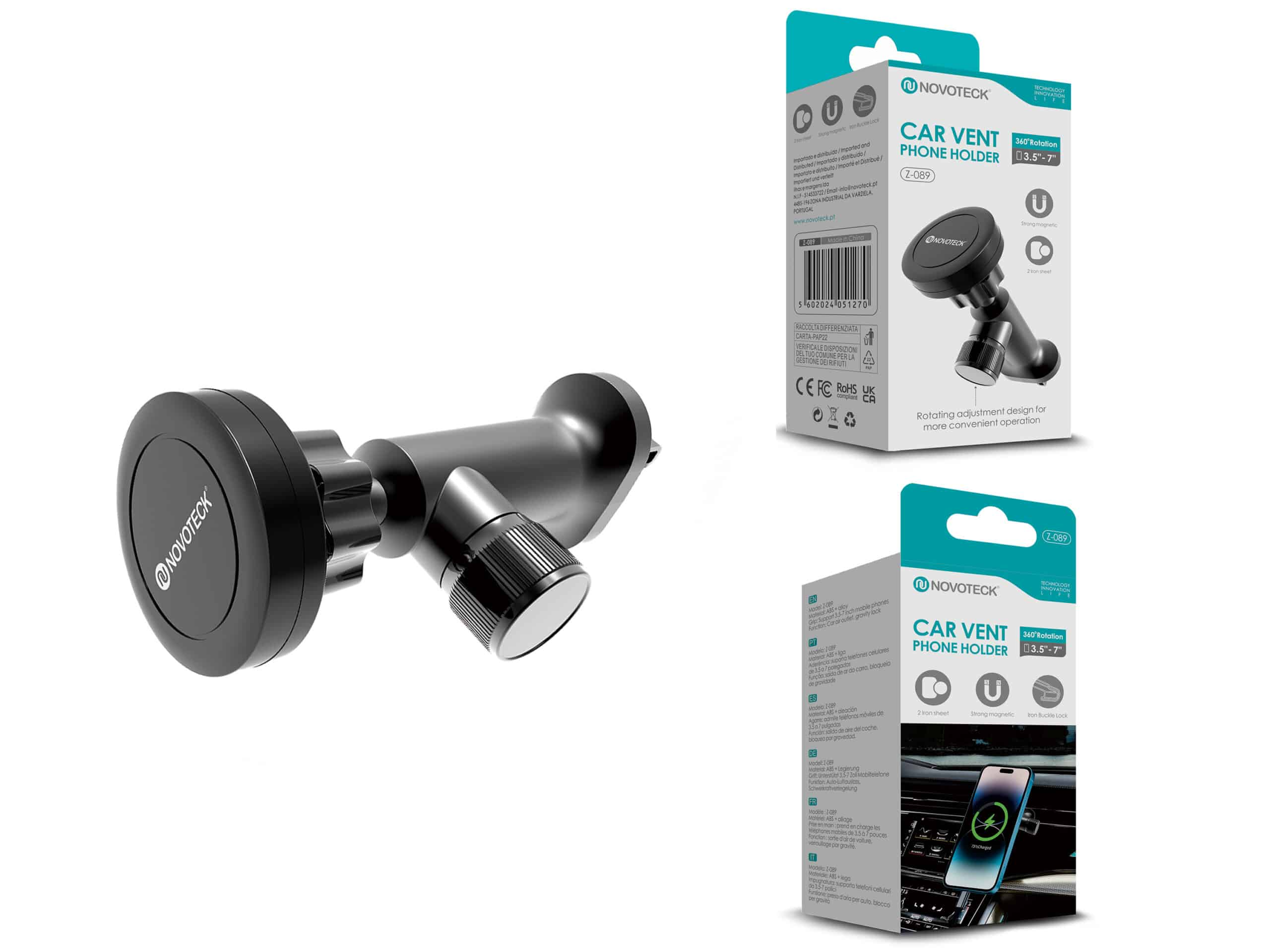 Soporte negro para teléfono de ventilación. Incluye soporte, caja con texto e instrucciones.