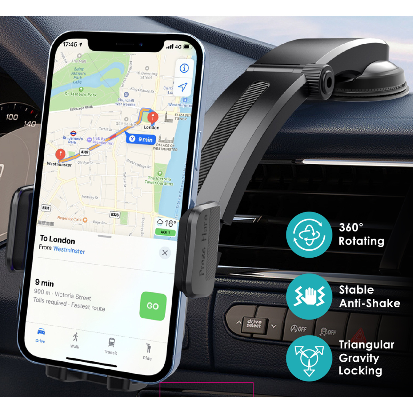 Un teléfono con mapa montado en el salpicadero de un coche, mostrando una ruta a Londres.