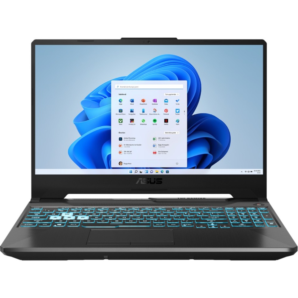 Mavi ışıklı klavyeli siyah ASUS dizüstü bilgisayar. Ekran, uygulama simgeleriyle Windows 11 arayüzünü gösteriyor. Arka planda mavi bir girdap var.