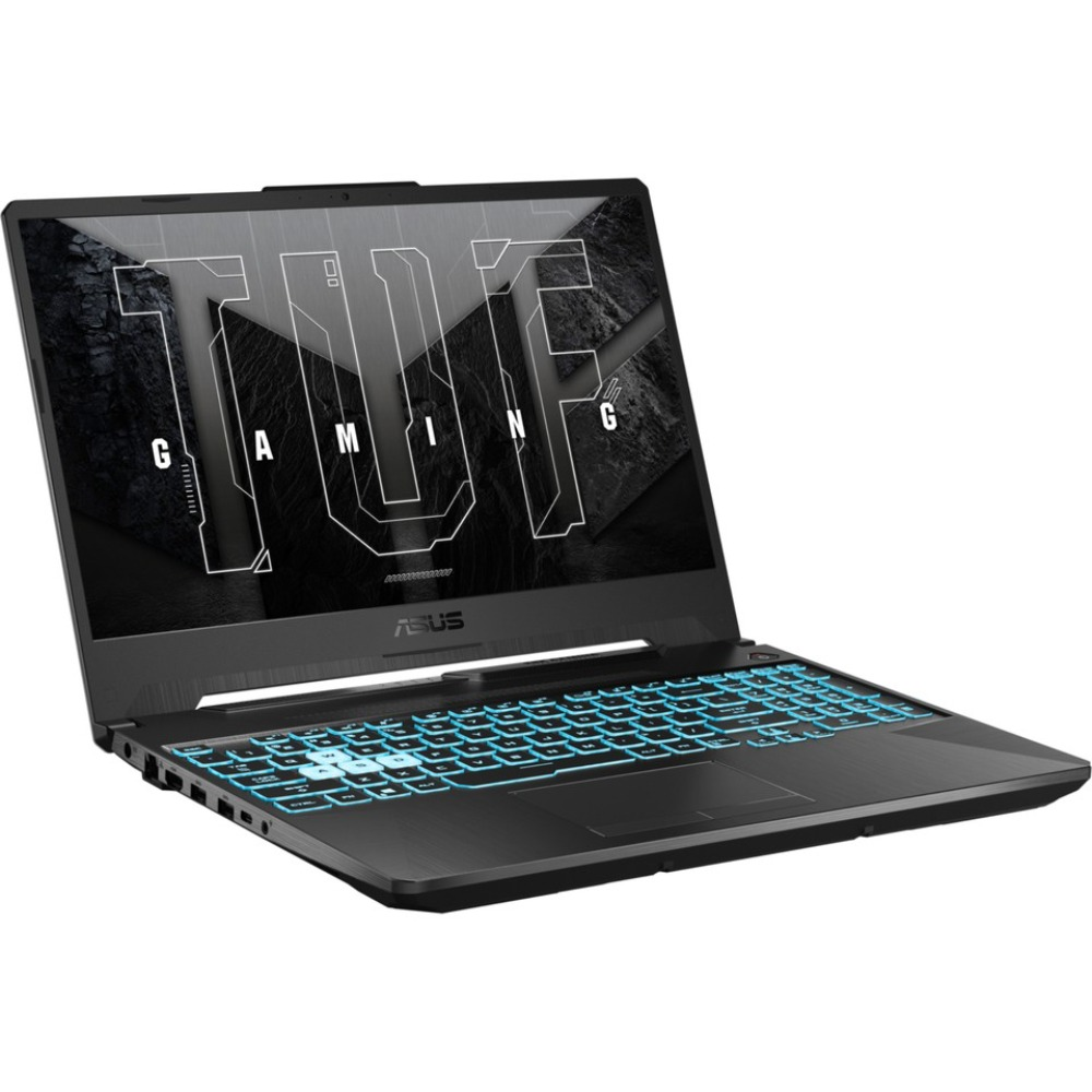 Siyah ASUS TUF oyun dizüstü bilgisayarı. Mavi arkadan aydınlatmalı klavye, "TUF GAMING" logosu gösteren geniş ekran. Açılı görünüm.