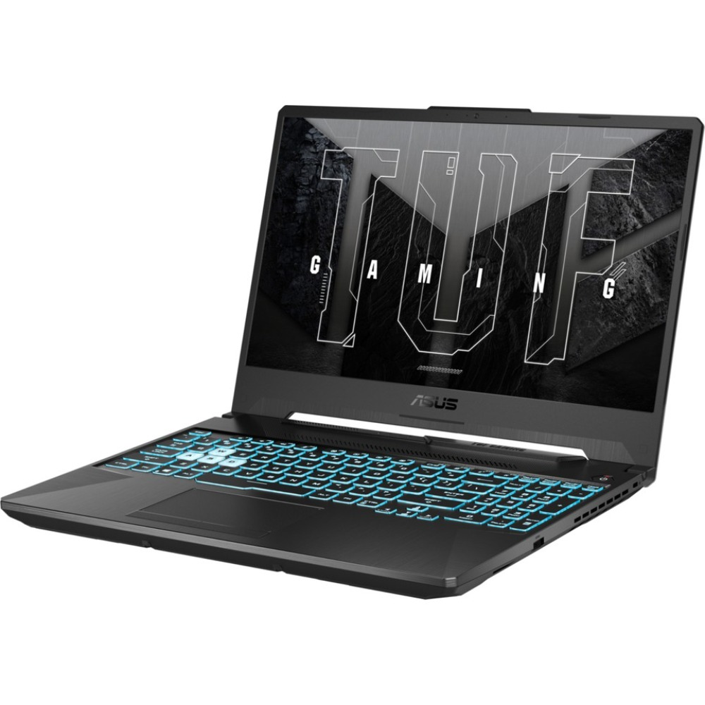 Siyah bir ASUS dizüstü bilgisayar açık, ekranda 'TUF GAMING' yazıyor. Klavye mavi ışıklarla aydınlatılıyor.