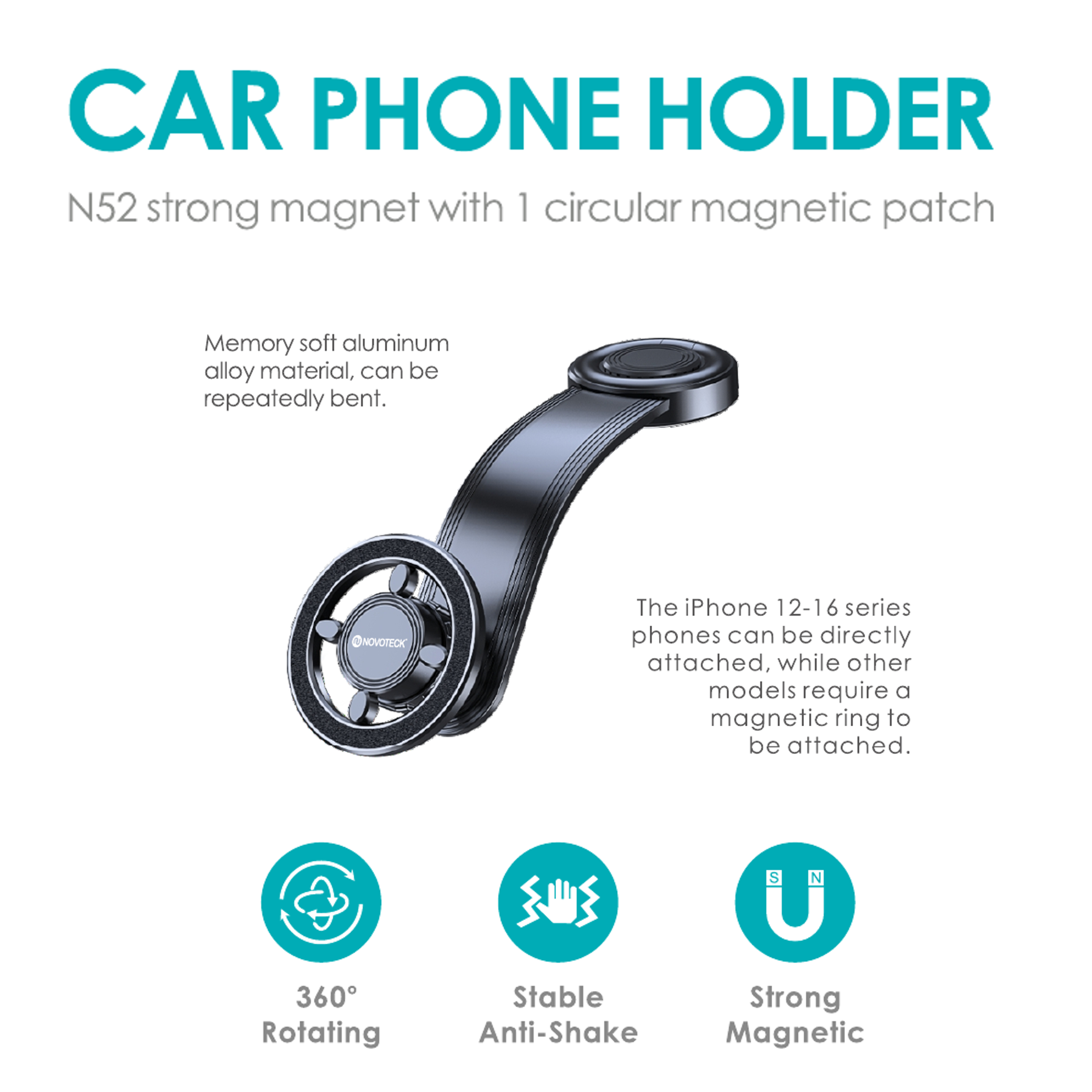 Soporte para teléfono de coche con montaje negro. Giro 360°, anti-vibración e imán fuerte.