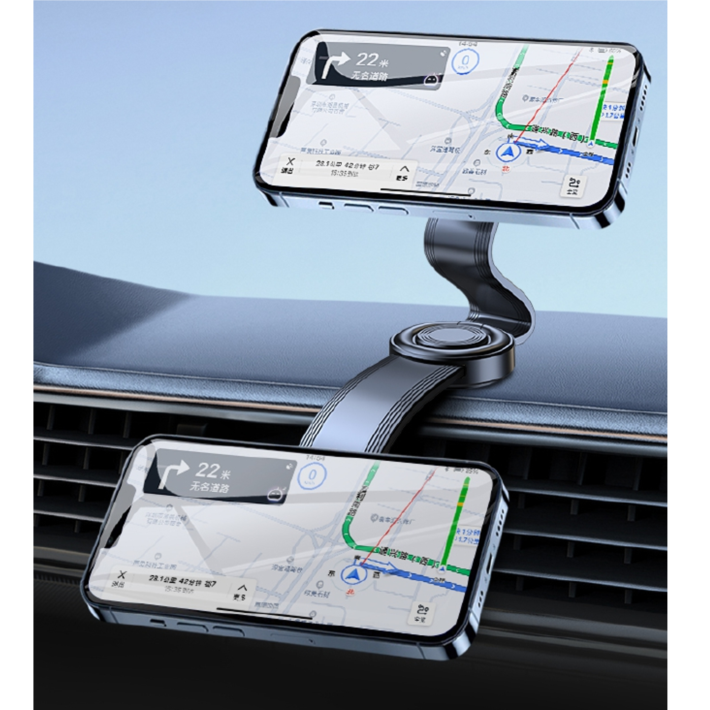 Dos teléfonos inteligentes con aplicaciones de navegación están montados en el salpicadero de un coche. Las pantallas muestran mapas y direcciones.