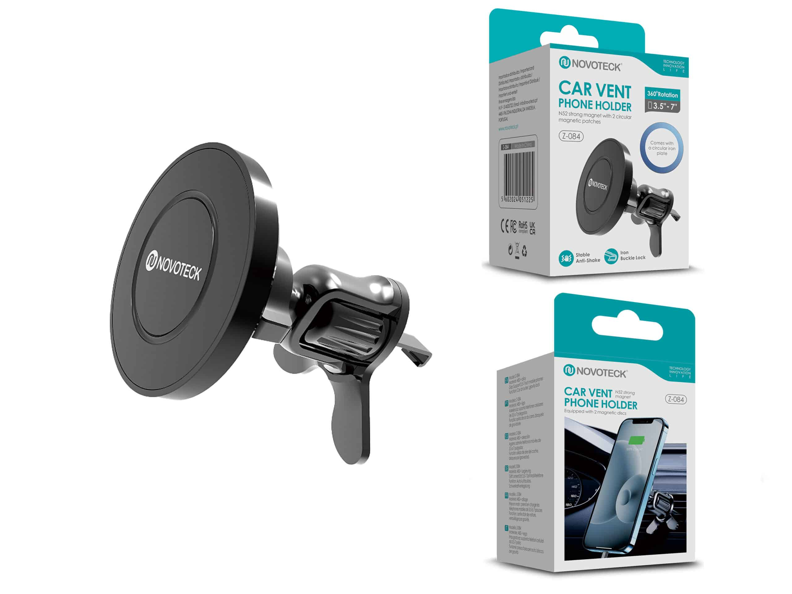 Soporte negro para teléfono de ventilación de coche con embalaje del producto a la derecha.