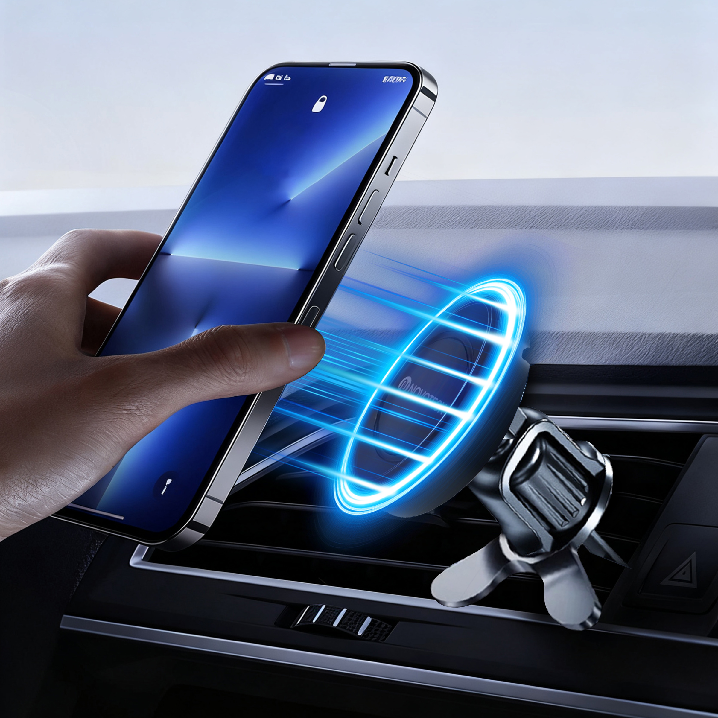 Una mano sostiene un teléfono cerca de un soporte para la ventilación del coche. El soporte tiene un anillo brillante azul.