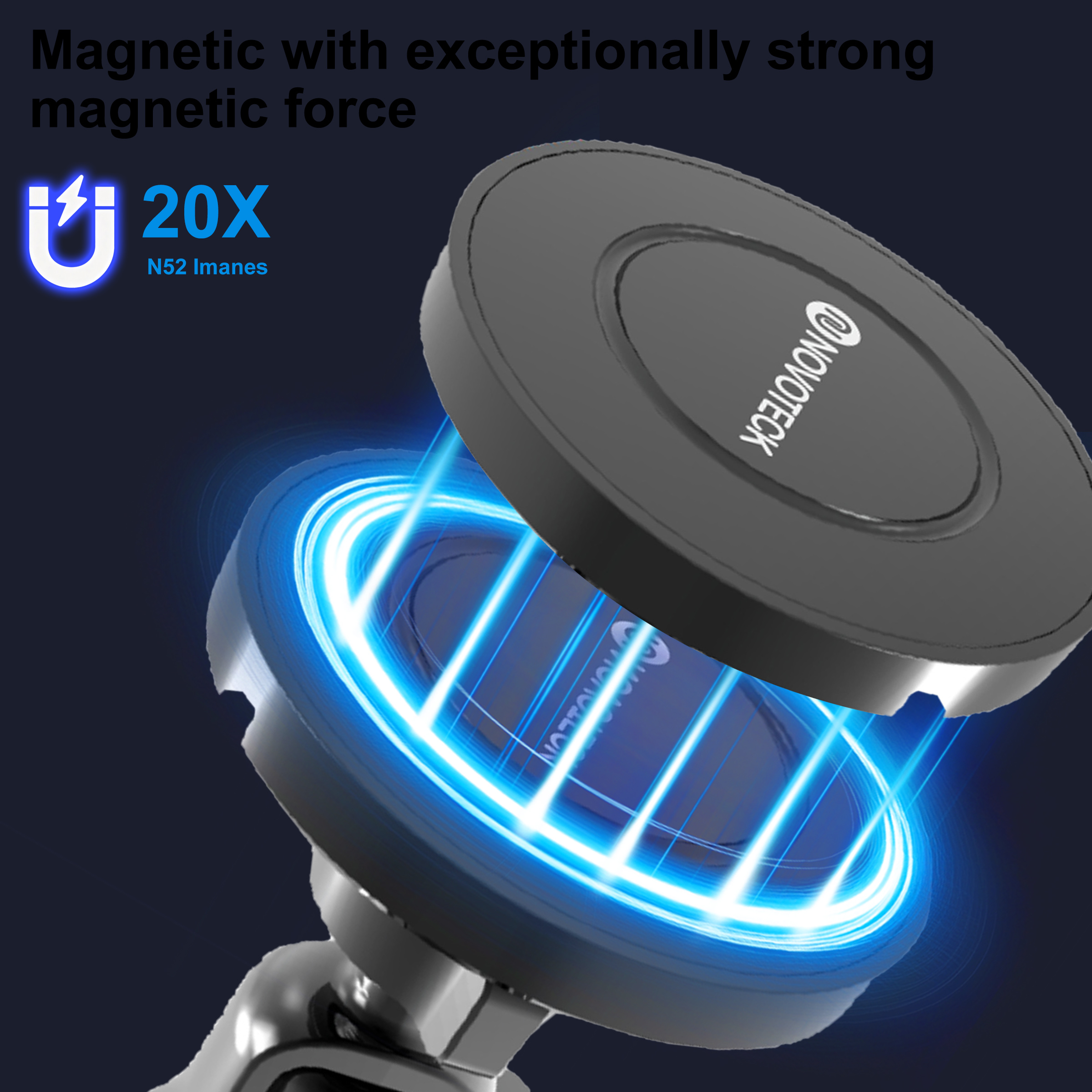 Imagen de un soporte magnético para teléfono con una parte superior circular negra. El soporte tiene una fuerte fuerza magnética, con líneas de energía azules.