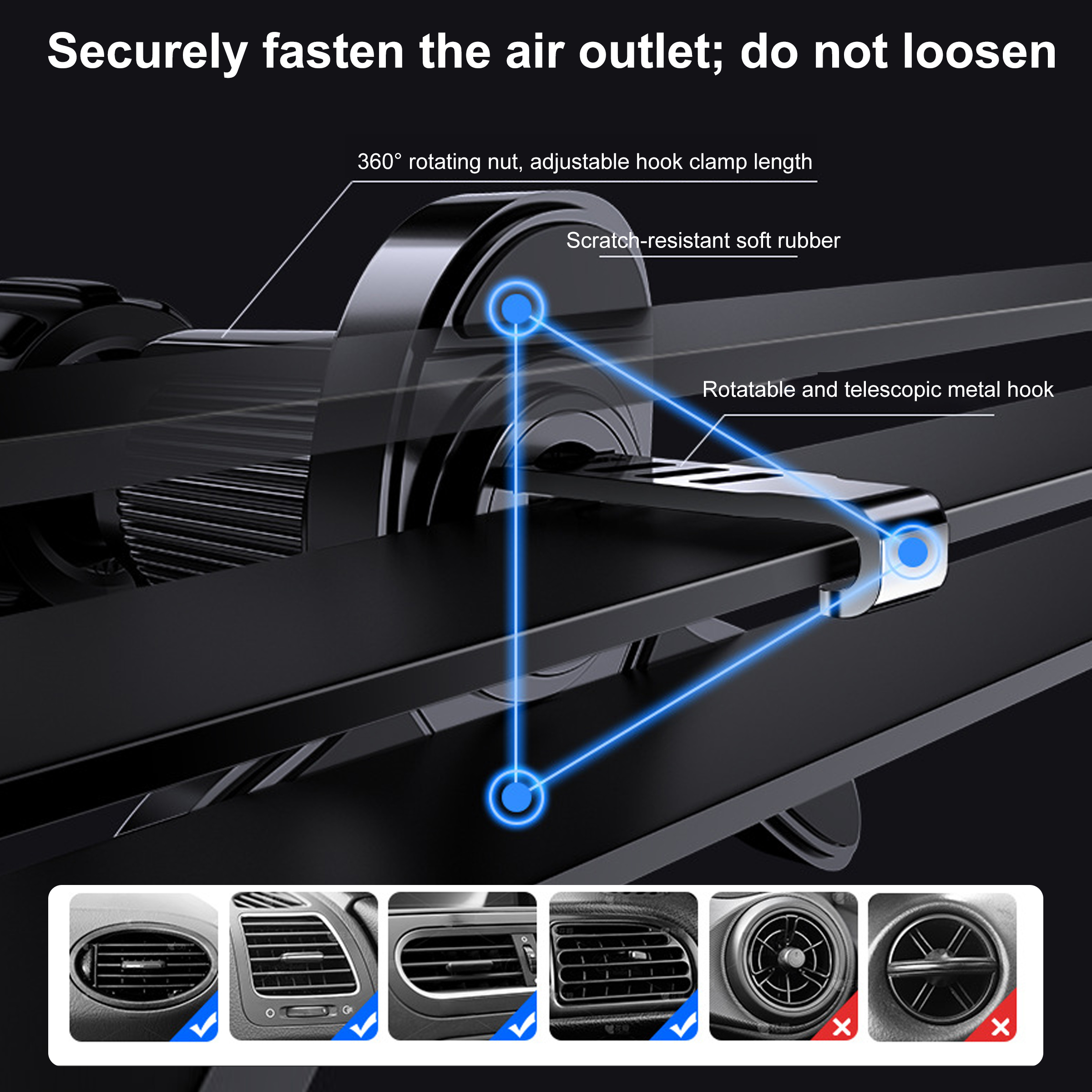 Soporte negro para ventilación de coche con partes resaltadas. Texto: Asegure la salida de aire.