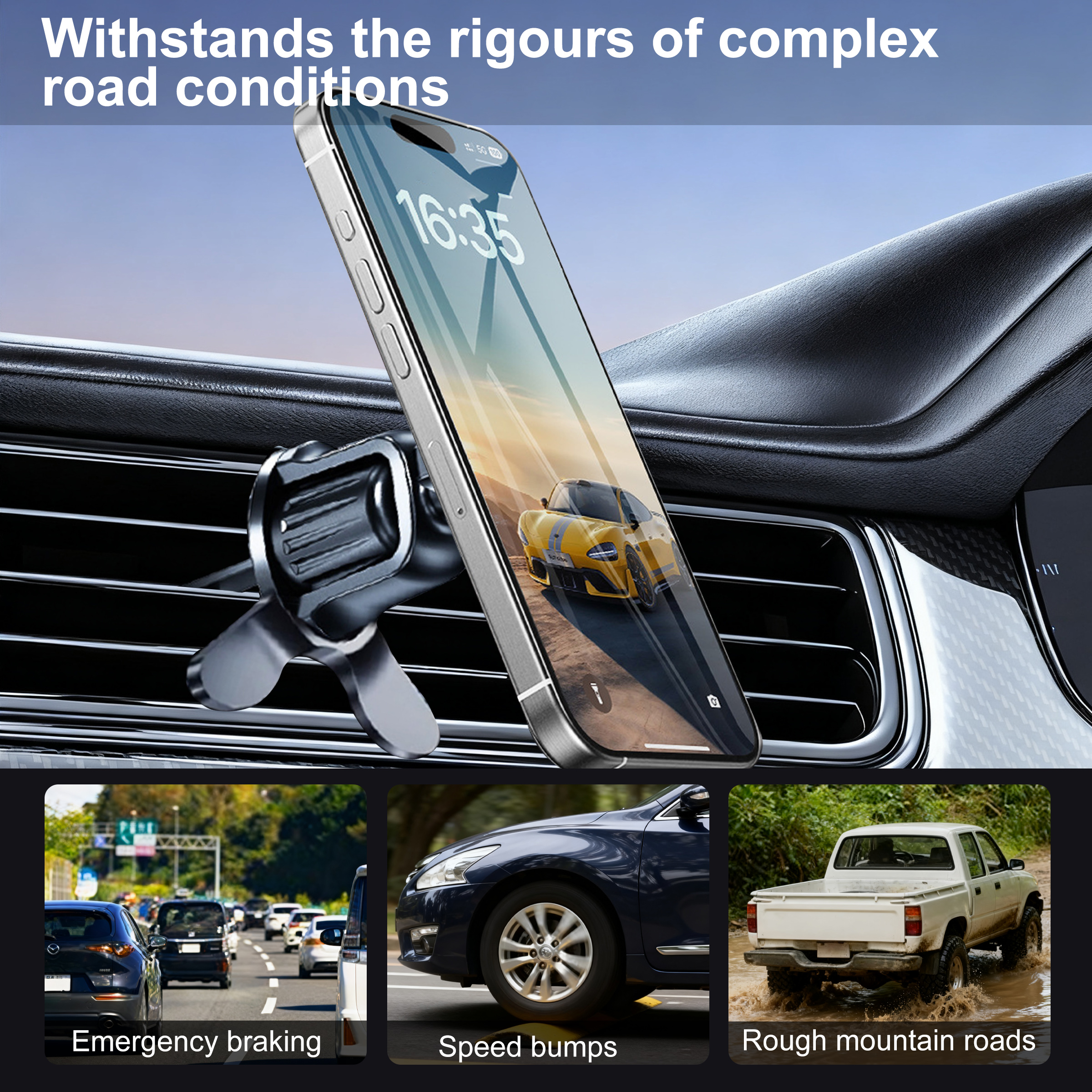 Un teléfono en un soporte de coche muestra un coche en la pantalla. La imagen muestra las condiciones de la carretera.
