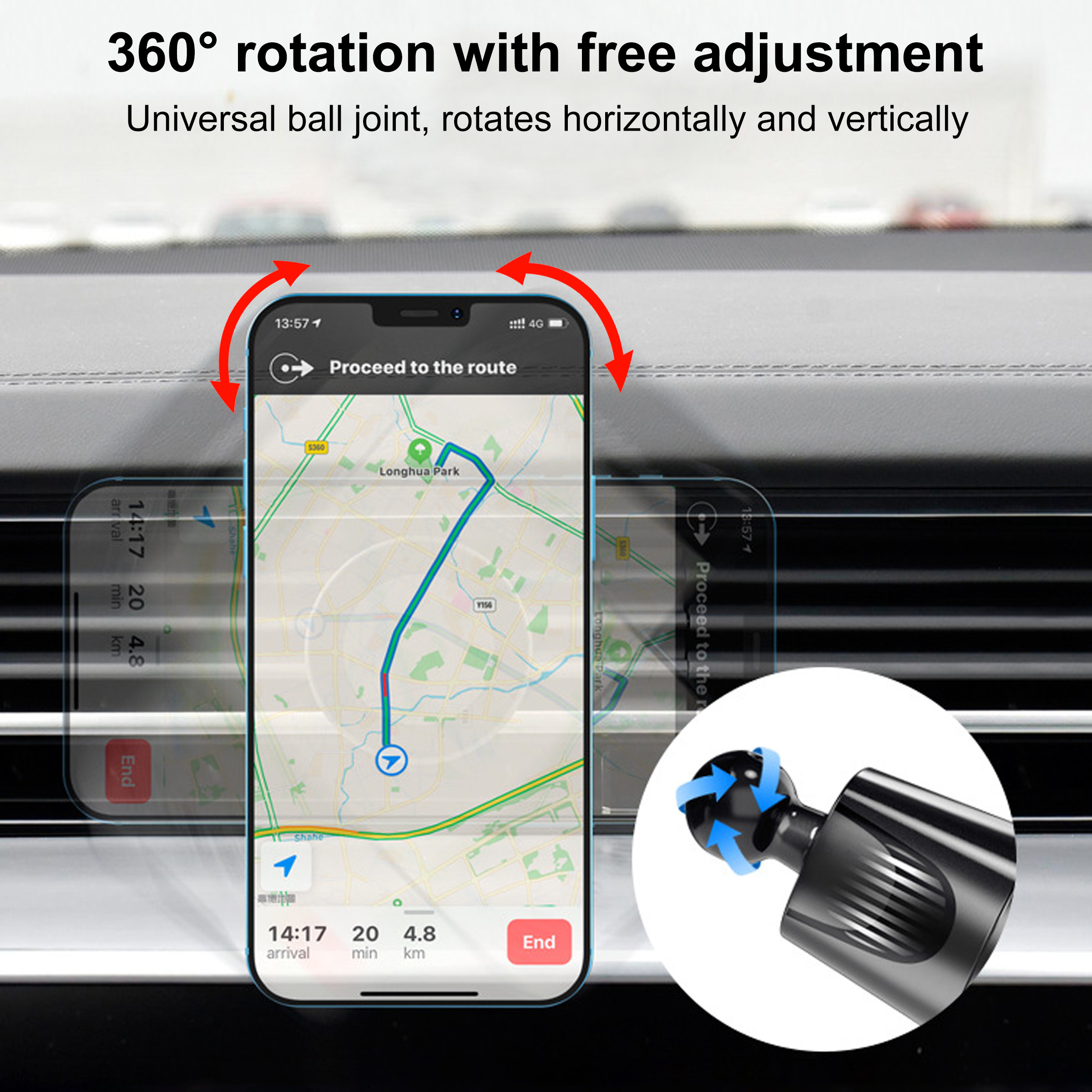 Un teléfono que muestra un mapa está montado en el salpicadero de un coche. El texto promociona la rotación de 360°.