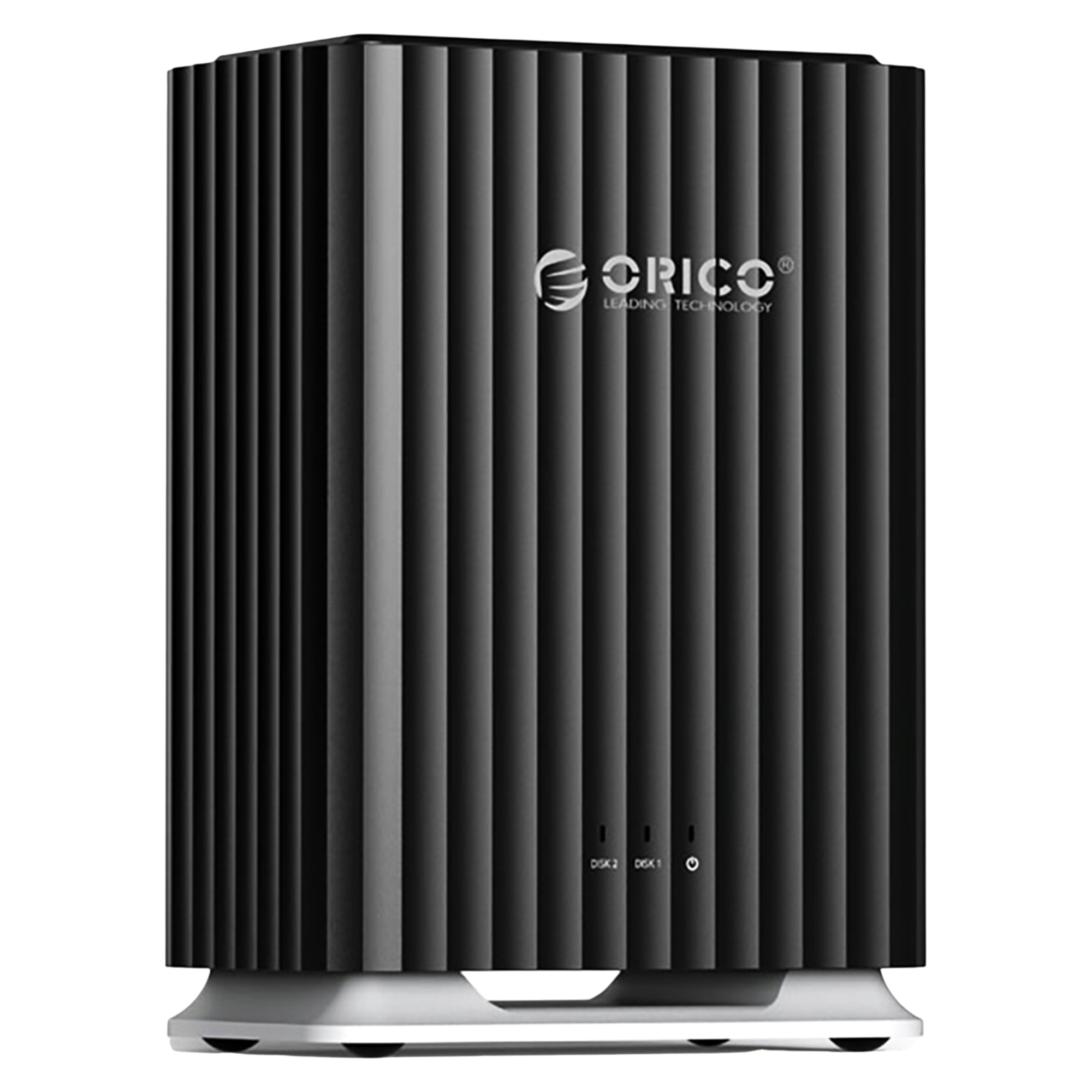 Czarna obudowa zewnętrznego dysku twardego Orico. Ma pionowe żłobienia, srebrną podstawę i logo Orico.