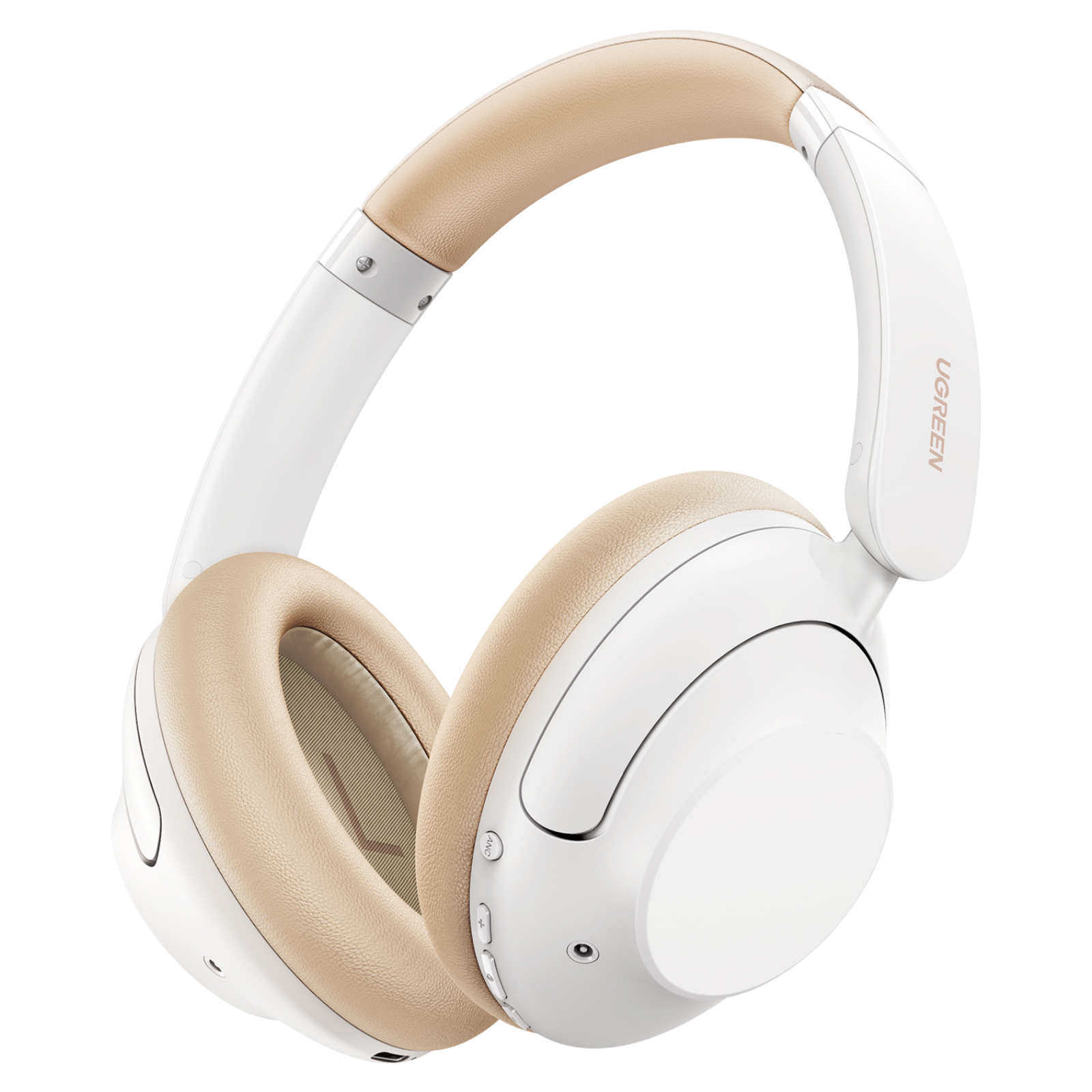 Białe i beżowe słuchawki UGREEN. Nauszniki i wyściółka pałąka są beżowe. Rama jest biała.