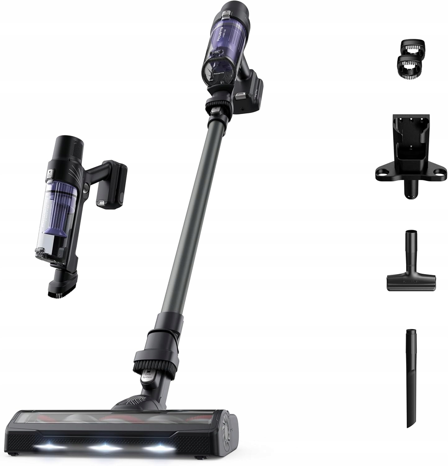 Odkurzacz bezprzewodowy z akcesoriami. Jednostka główna, odłączany odkurzacz ręczny i kilka dysz na białym tle.