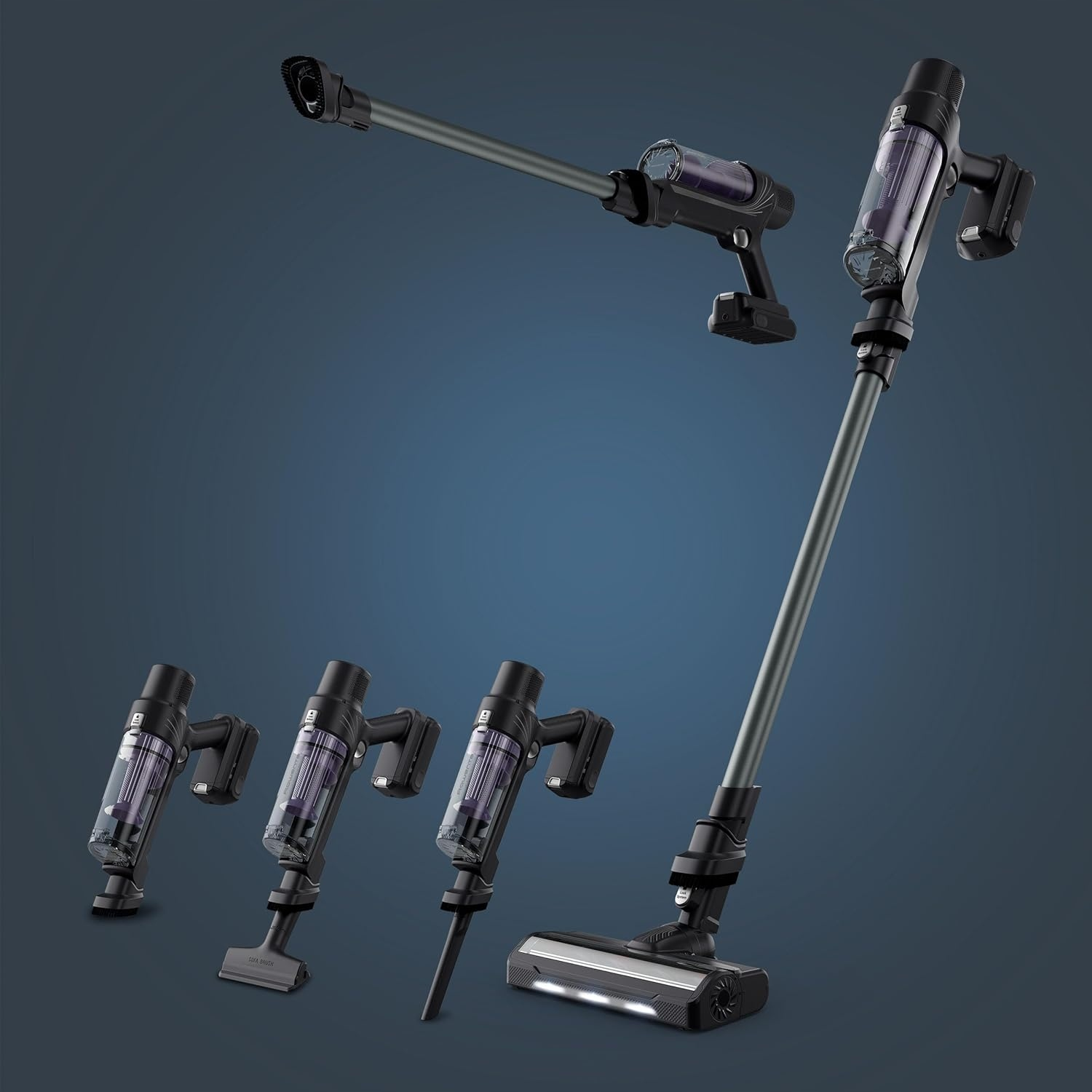 Odkurzacz bezprzewodowy w wielu konfiguracjach. Czarny i szary, z przezroczystymi pojemnikami na kurz. Na niebieskim tle.