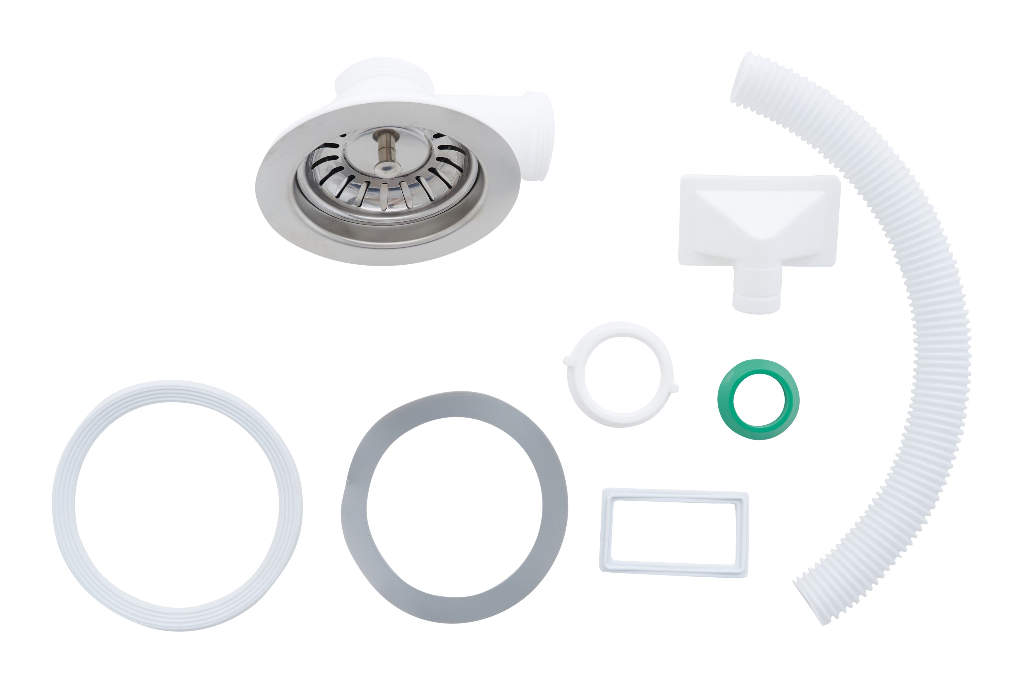 Ein zerlegtes Spülabfluss-Kit. Enthält einen Abfluss, einen flexiblen Schlauch, Dichtungen und andere Teile. Alle sind weiß oder silber.