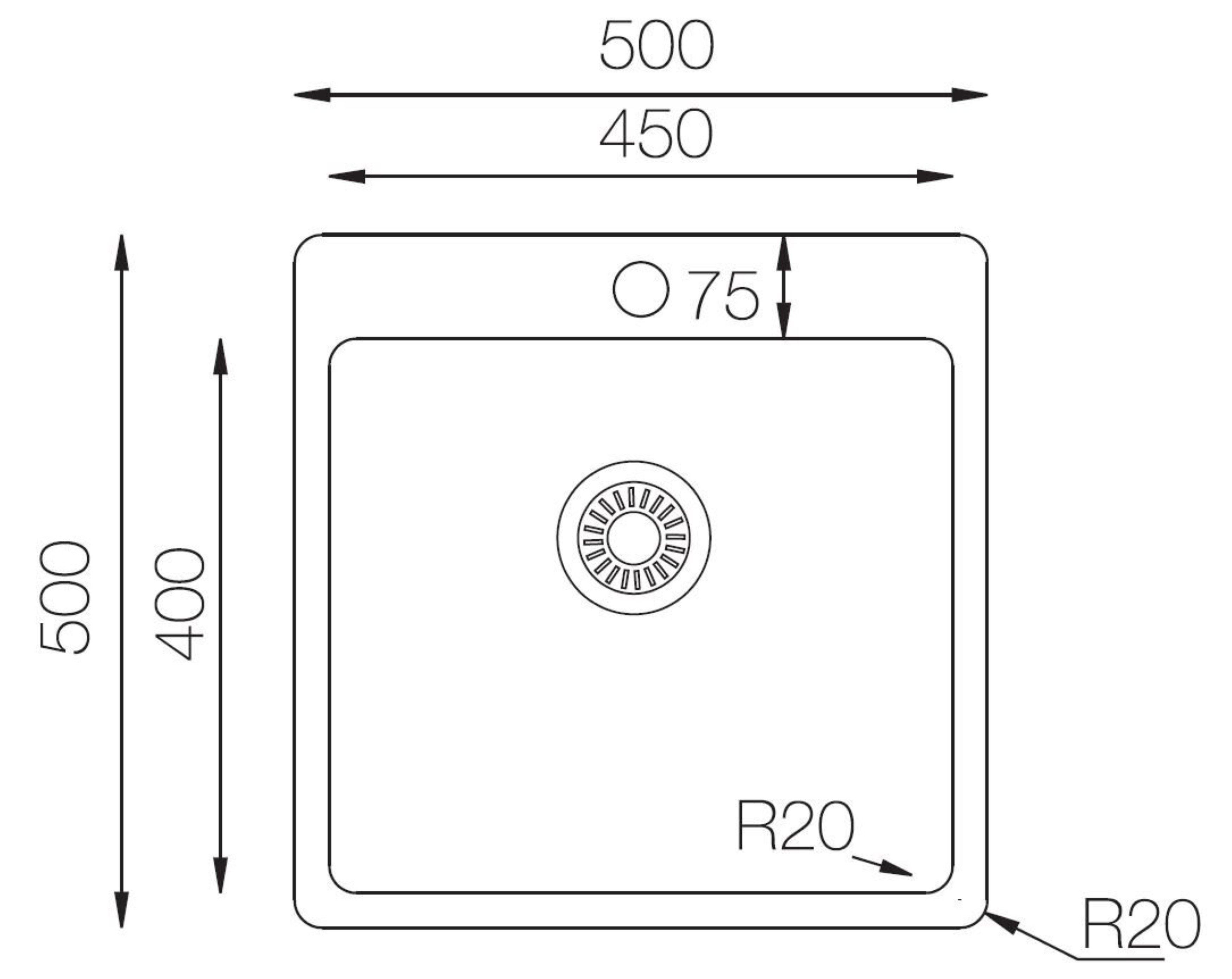 Eine schematische Darstellung eines Waschbeckens mit Maßen und einem Abfluss. Maße sind 500x500x75 und 450. R20-Radius.