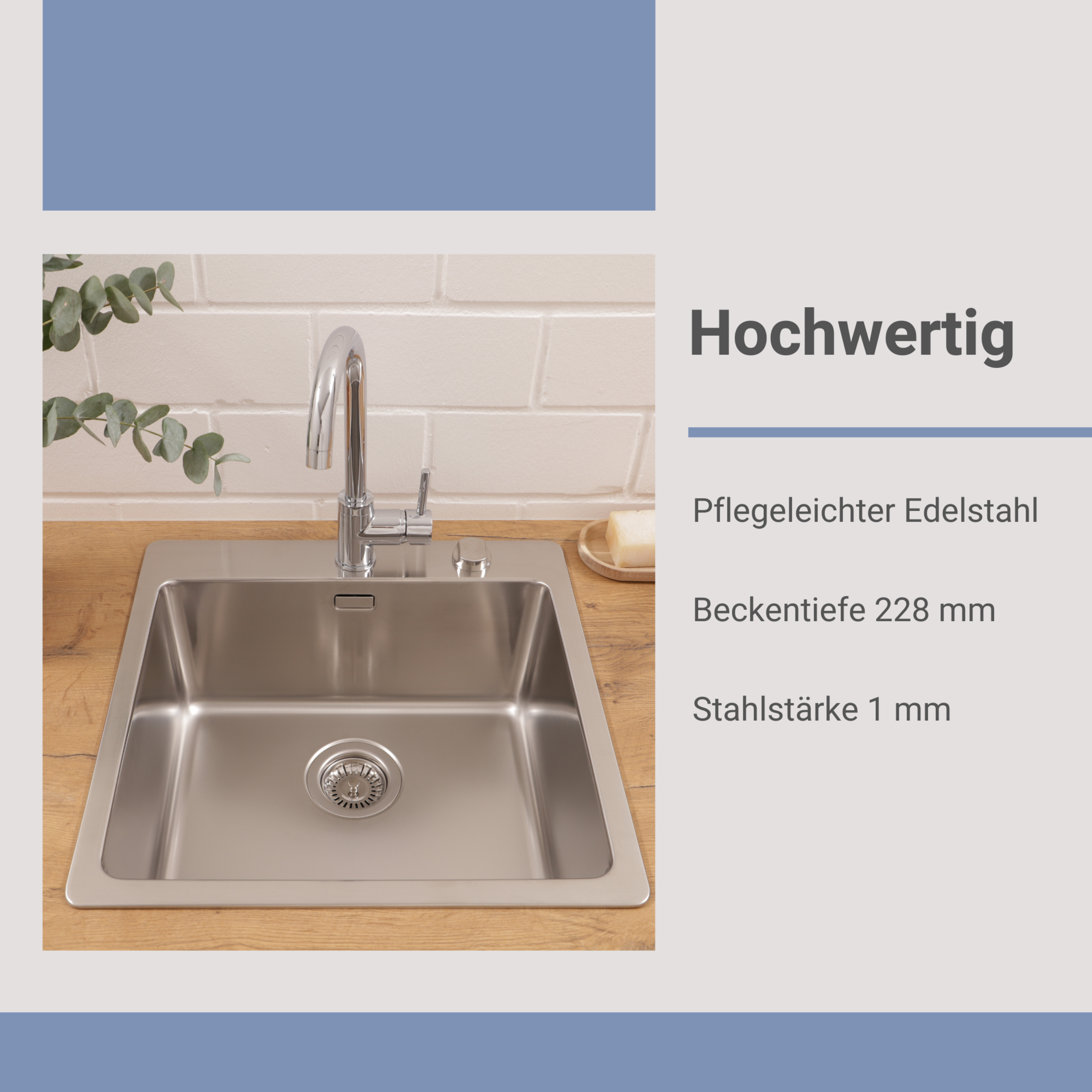 Ein Edelstahl-Küchenbecken mit Wasserhahn steht auf einer Holztheke. Oben steht 'Hochwertig'.