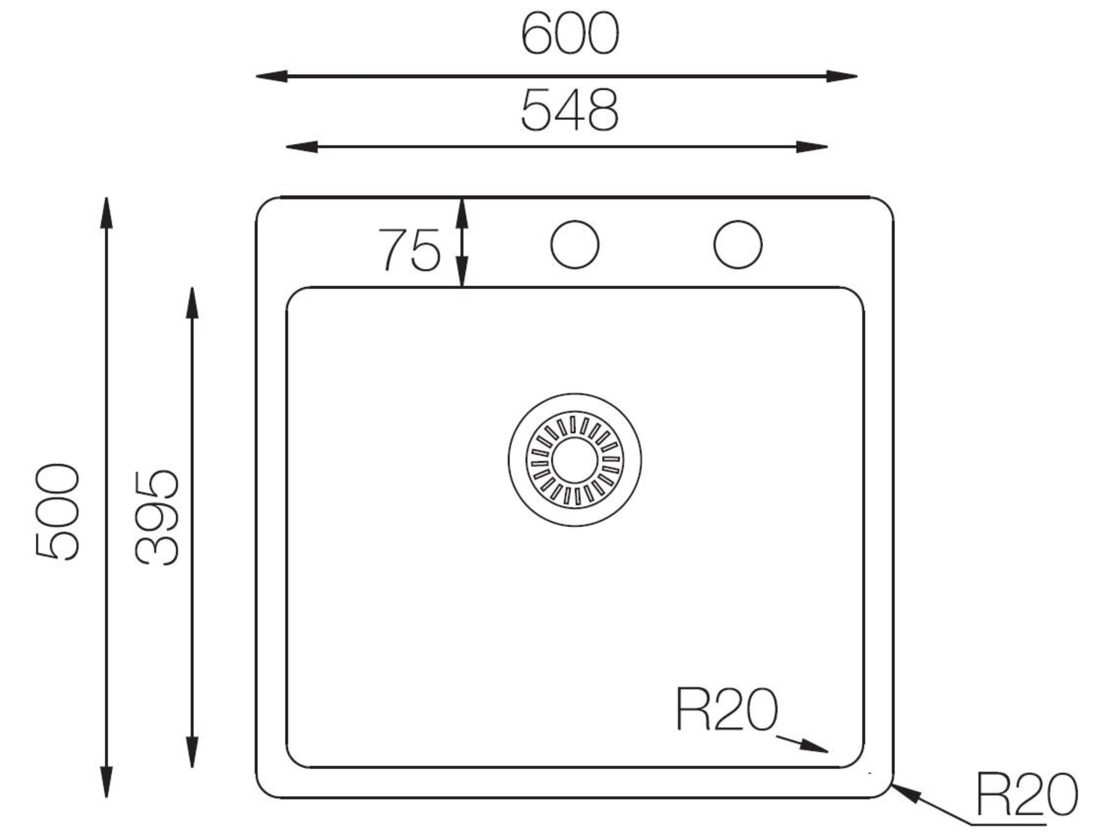 Draufsicht auf ein Waschbecken-Diagramm. Es zeigt Abmessungen, Kreise und einen Abfluss.