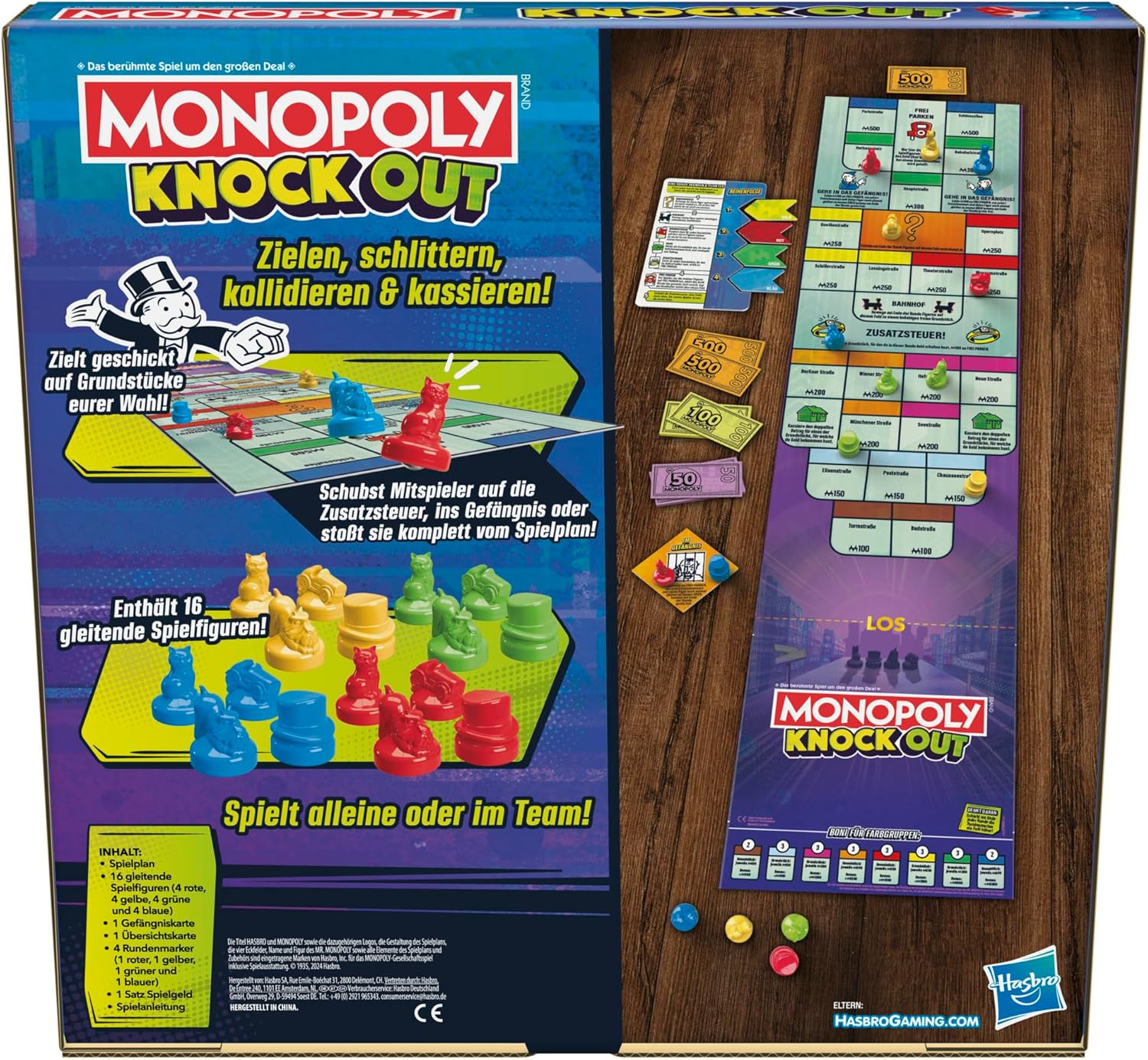Pudełko gry Monopoly Knock Out. Pokazuje planszę i pionki. Pudełko jest niebieskie i czerwone.